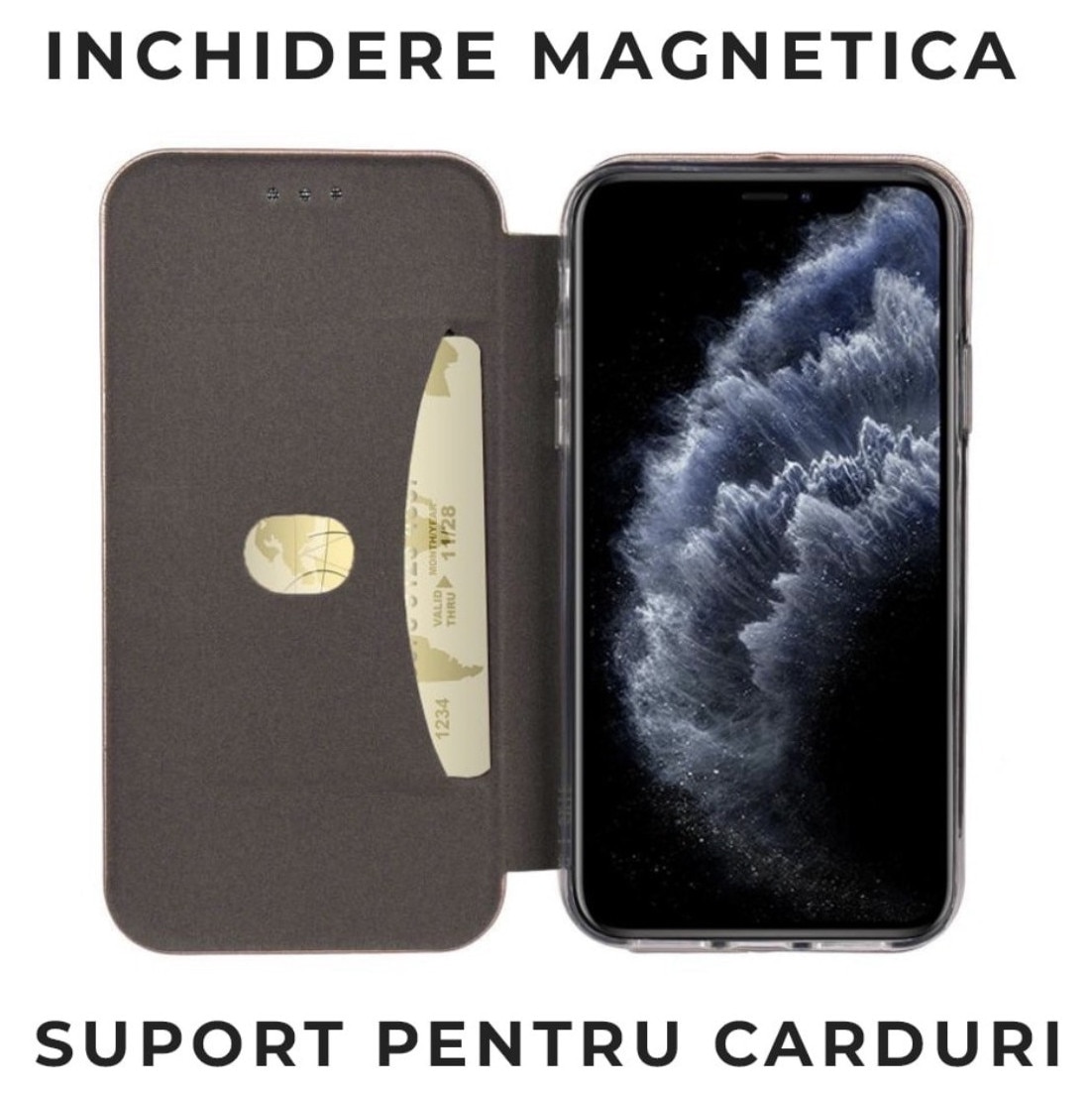 Husa Tip Carte Compatibila Xiaomi Redmi A7 Pro din Piele Ecologica . cu inchidere magnetica si suport de card Negru