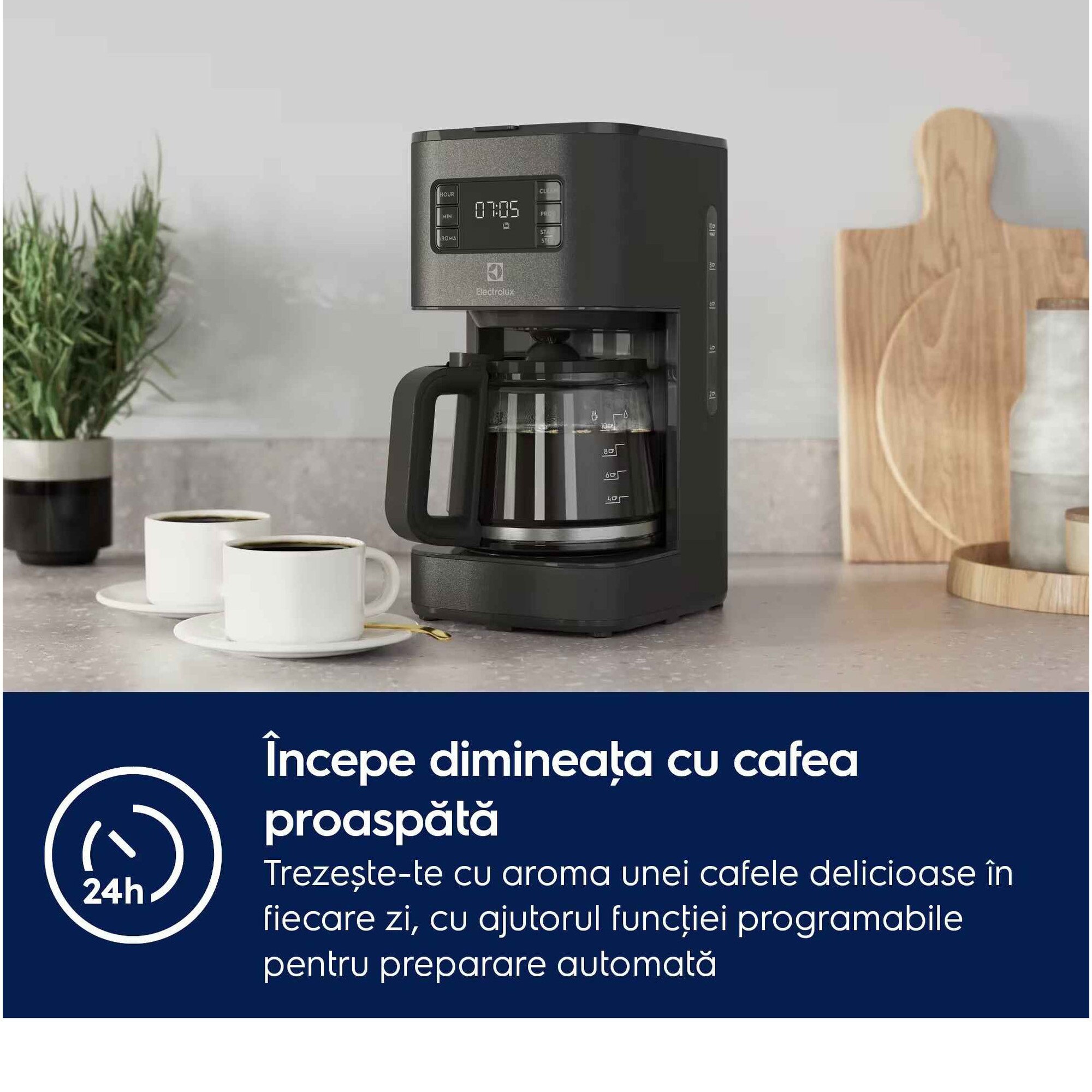Cafetiera Electrolux Create 5 E5CM1-6AN, 1000 W, 1375 ml, capacitate 10 cesti, afisaj digital, pornire intarziata, selector aroma, antipicurare, functie mentinere la cald, oprire automata, antracit
