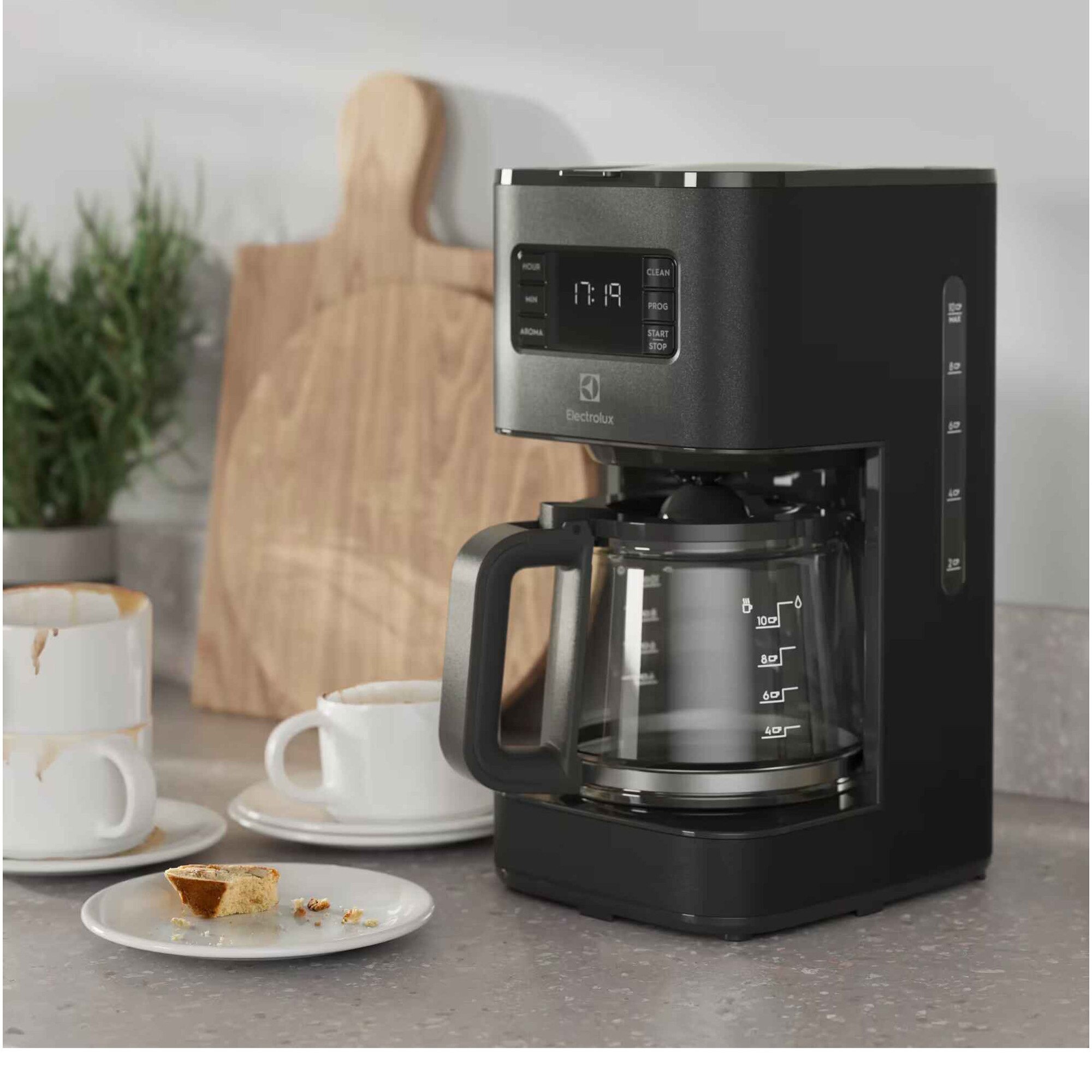Cafetiera Electrolux Create 5 E5CM1-6AN, 1000 W, 1375 ml, capacitate 10 cesti, afisaj digital, pornire intarziata, selector aroma, antipicurare, functie mentinere la cald, oprire automata, antracit