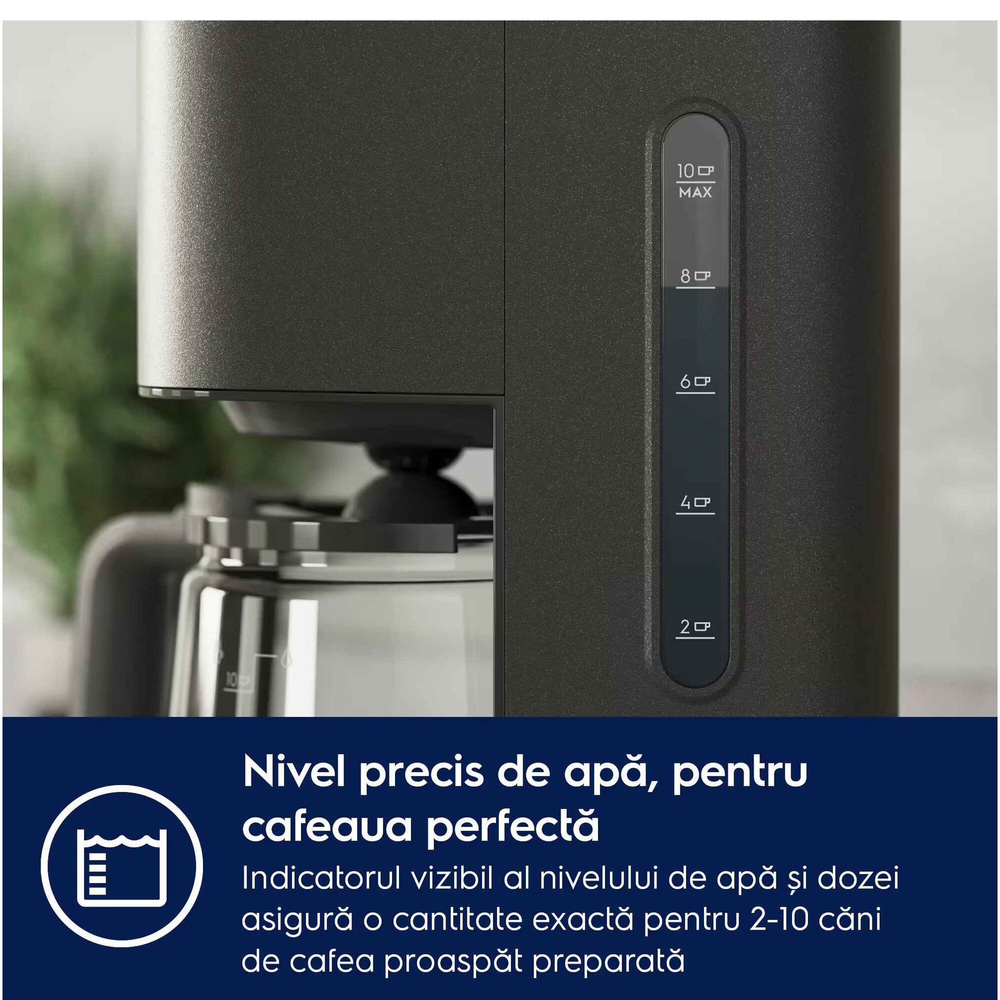 Cafetiera Electrolux Create 5 E5CM1-6AN, 1000 W, 1375 ml, capacitate 10 cesti, afisaj digital, pornire intarziata, selector aroma, antipicurare, functie mentinere la cald, oprire automata, antracit