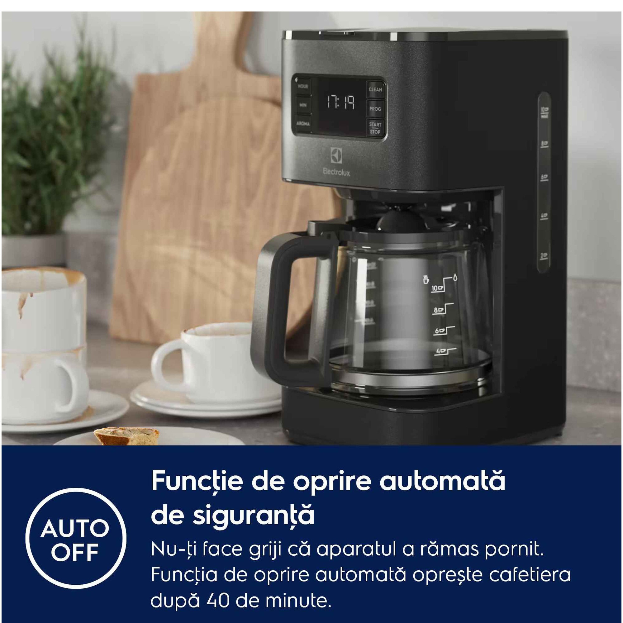 Cafetiera Electrolux Create 5 E5CM1-6AN, 1000 W, 1375 ml, capacitate 10 cesti, afisaj digital, pornire intarziata, selector aroma, antipicurare, functie mentinere la cald, oprire automata, antracit