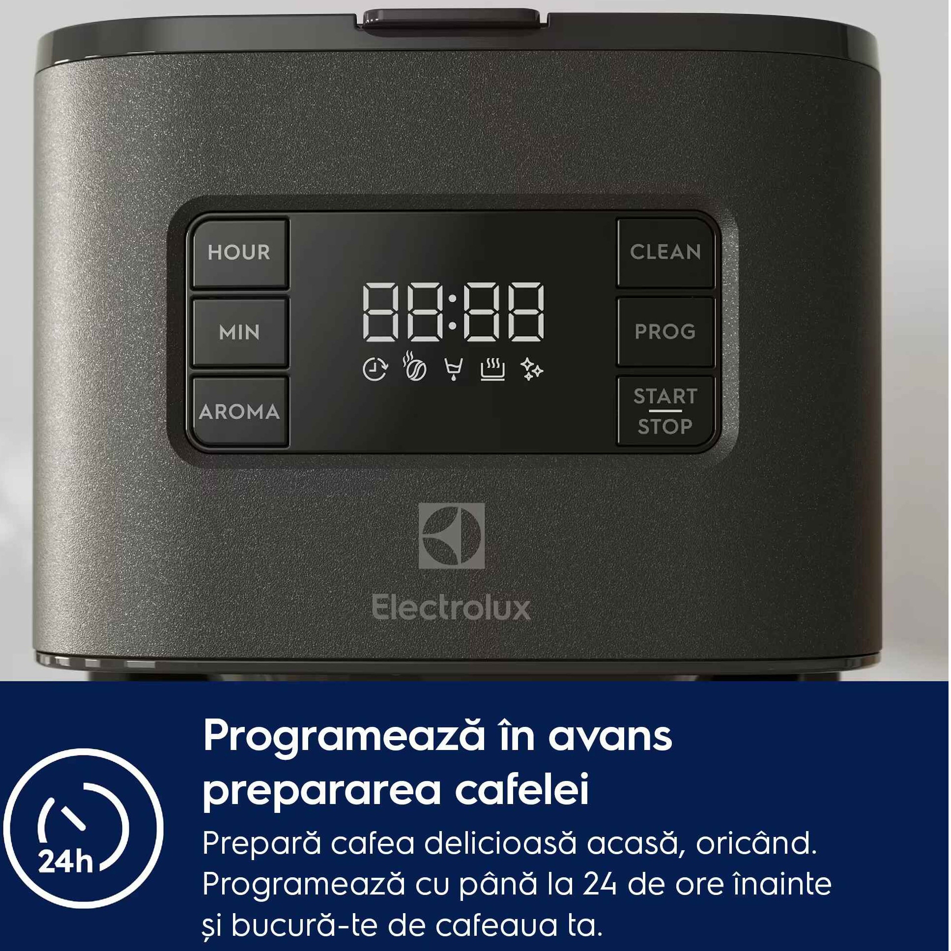 Cafetiera Electrolux Create 5 E5CM1-6AN, 1000 W, 1375 ml, capacitate 10 cesti, afisaj digital, pornire intarziata, selector aroma, antipicurare, functie mentinere la cald, oprire automata, antracit