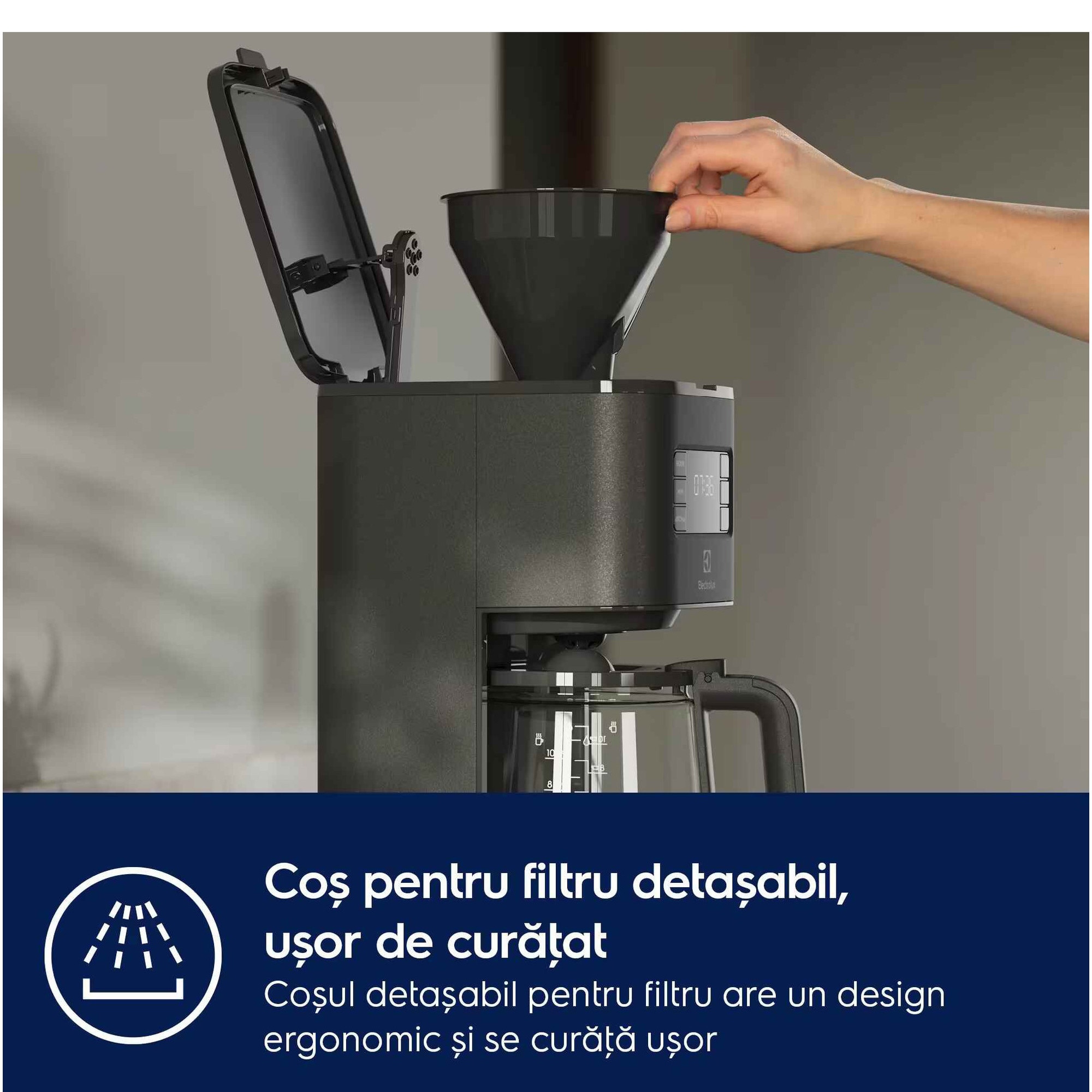 Cafetiera Electrolux Create 5 E5CM1-6AN, 1000 W, 1375 ml, capacitate 10 cesti, afisaj digital, pornire intarziata, selector aroma, antipicurare, functie mentinere la cald, oprire automata, antracit