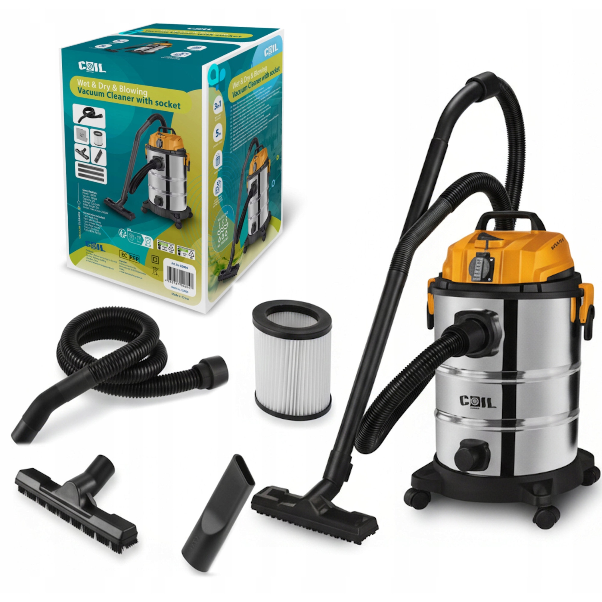 Aspirator industrial 3300W, 25L, uscat/murdar, cu functie de suflare, Coil