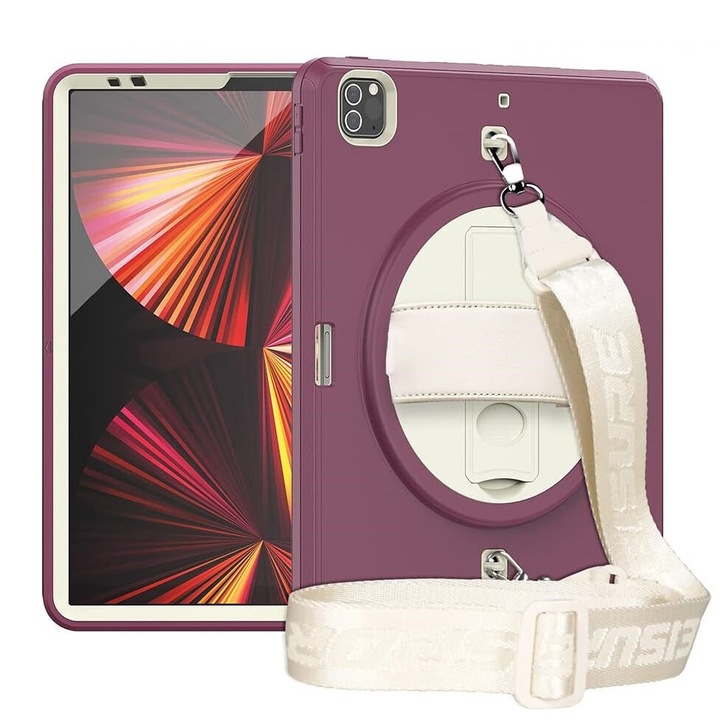 Husa tableta pentru iPad Pro 11", violet, cu suport si curea reglabila, trei straturi de protectie