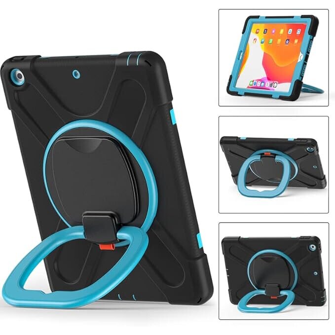 Husa tableta pentru iPad 10.2" 9/8/7, cu suport rotativ 360°, neagra, cu curea ajustabila