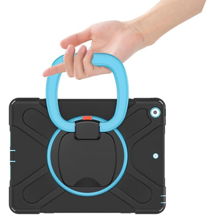 Husa tableta pentru iPad 10.2" 9/8/7, cu suport rotativ 360°, neagra, cu curea ajustabila