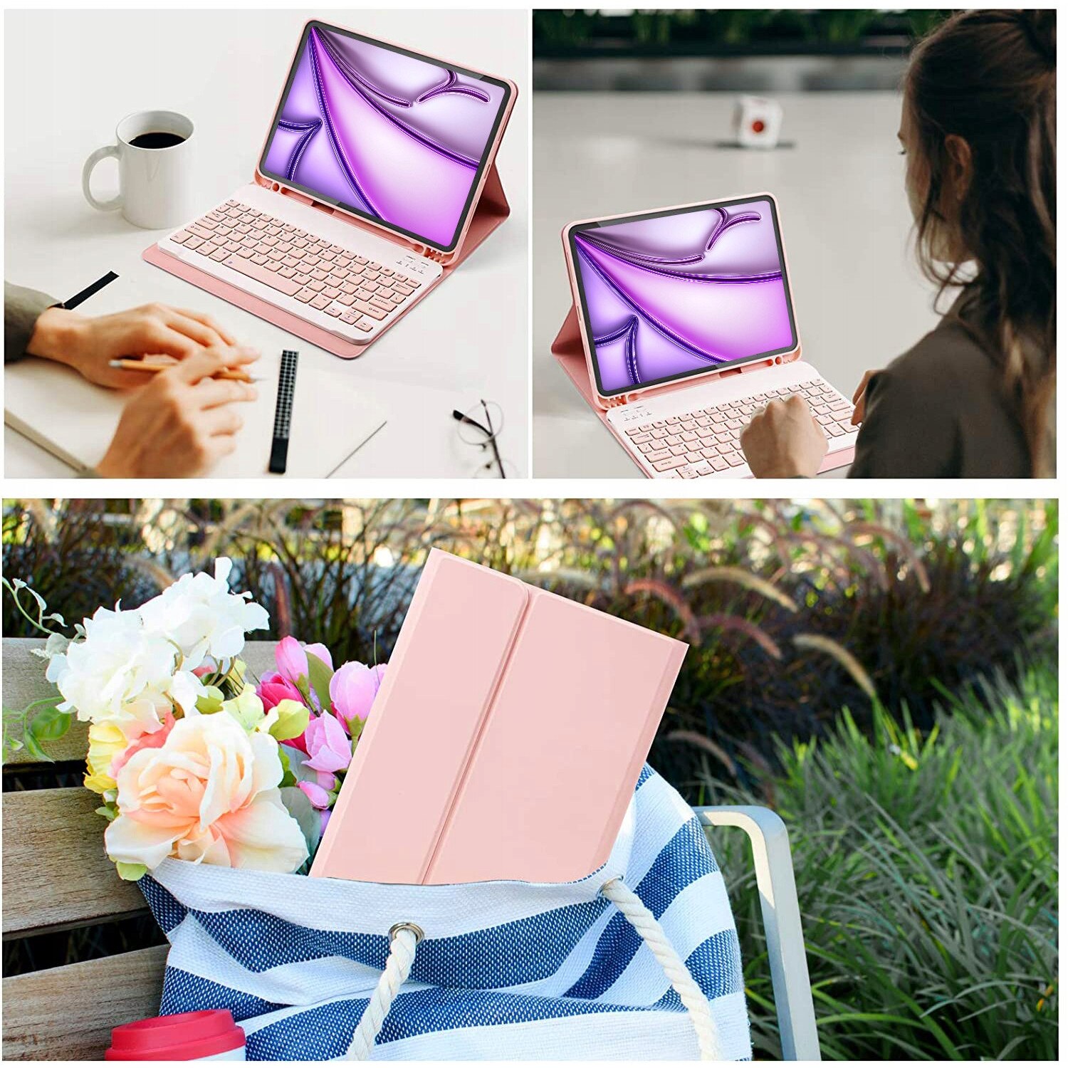 Set etui cu tastatura roz pentru Apple iPad Air 6 11"