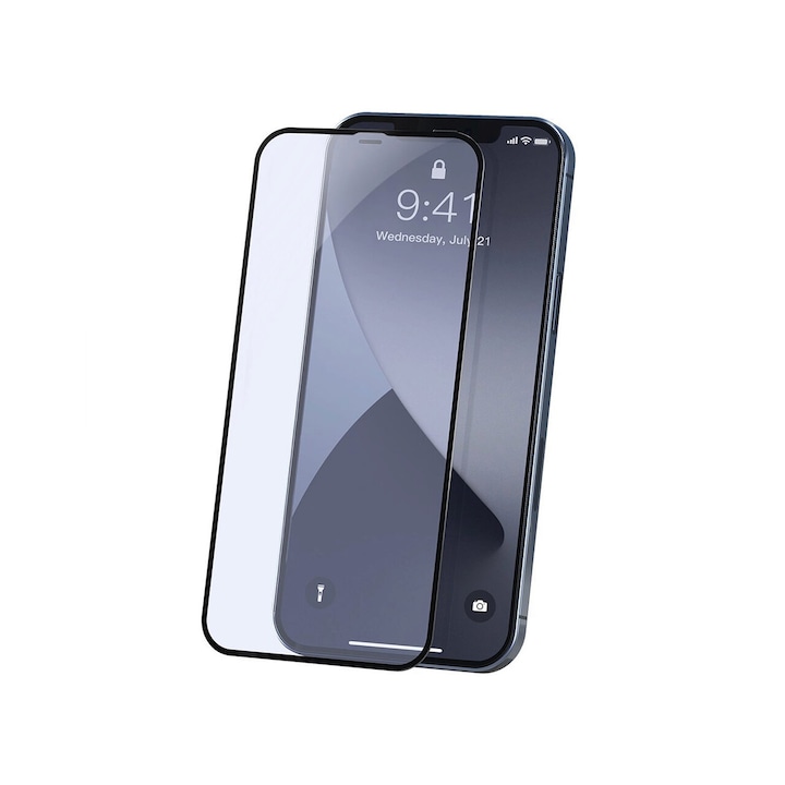 Folie Baseus Curbata Full Screen Anti-Bluelight compatibila cu iPhone 12 Mini, Black, 0.3mm