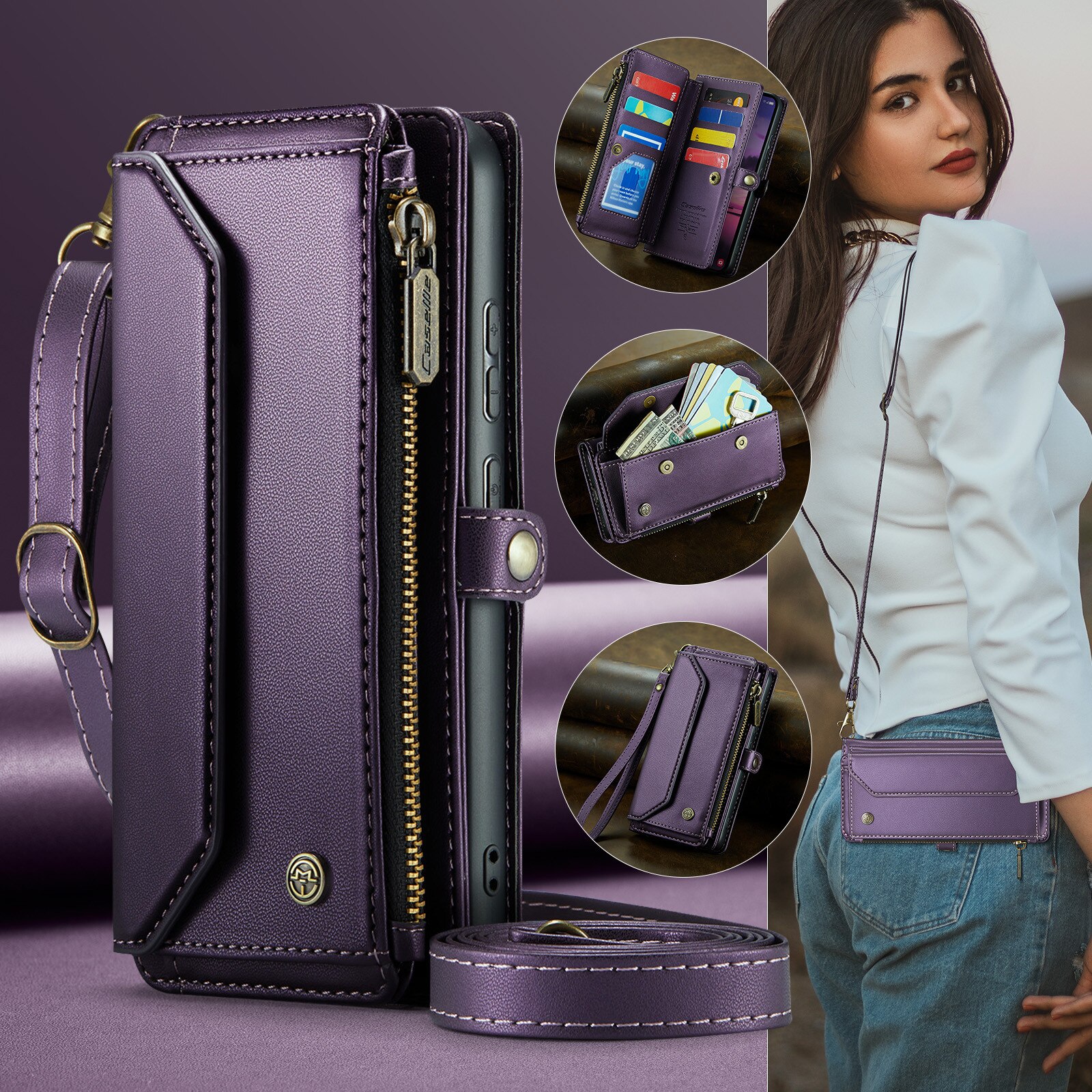Etui pentru telefon, CaseMe, Samsung Galaxy S26 Ultra, piele ecologica, RFID, violet, cu suport si curea