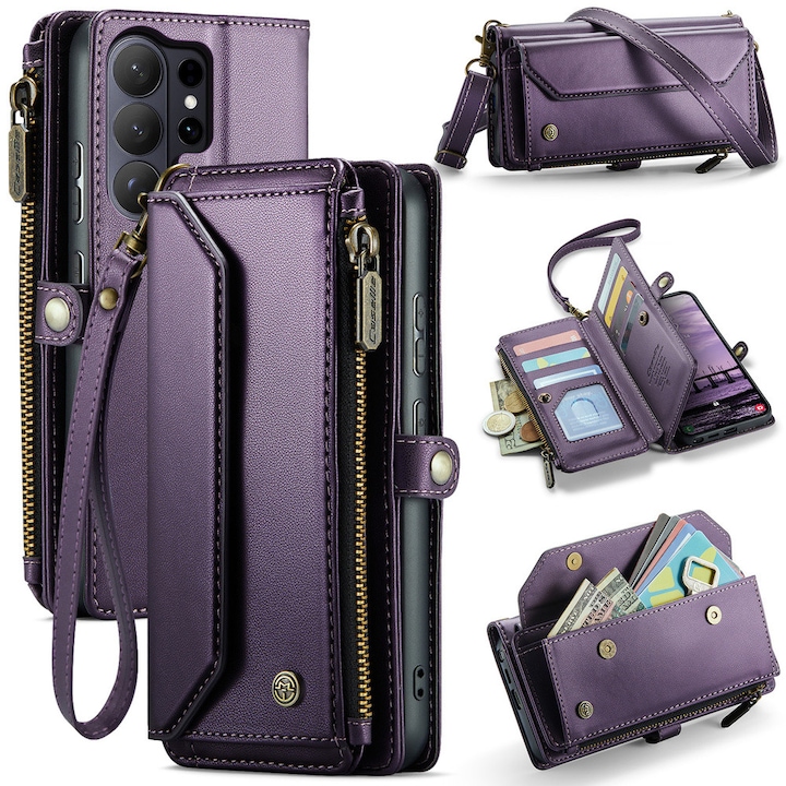 Etui pentru telefon, CaseMe, Samsung Galaxy S26 Ultra, piele ecologica, RFID, violet, cu suport si curea