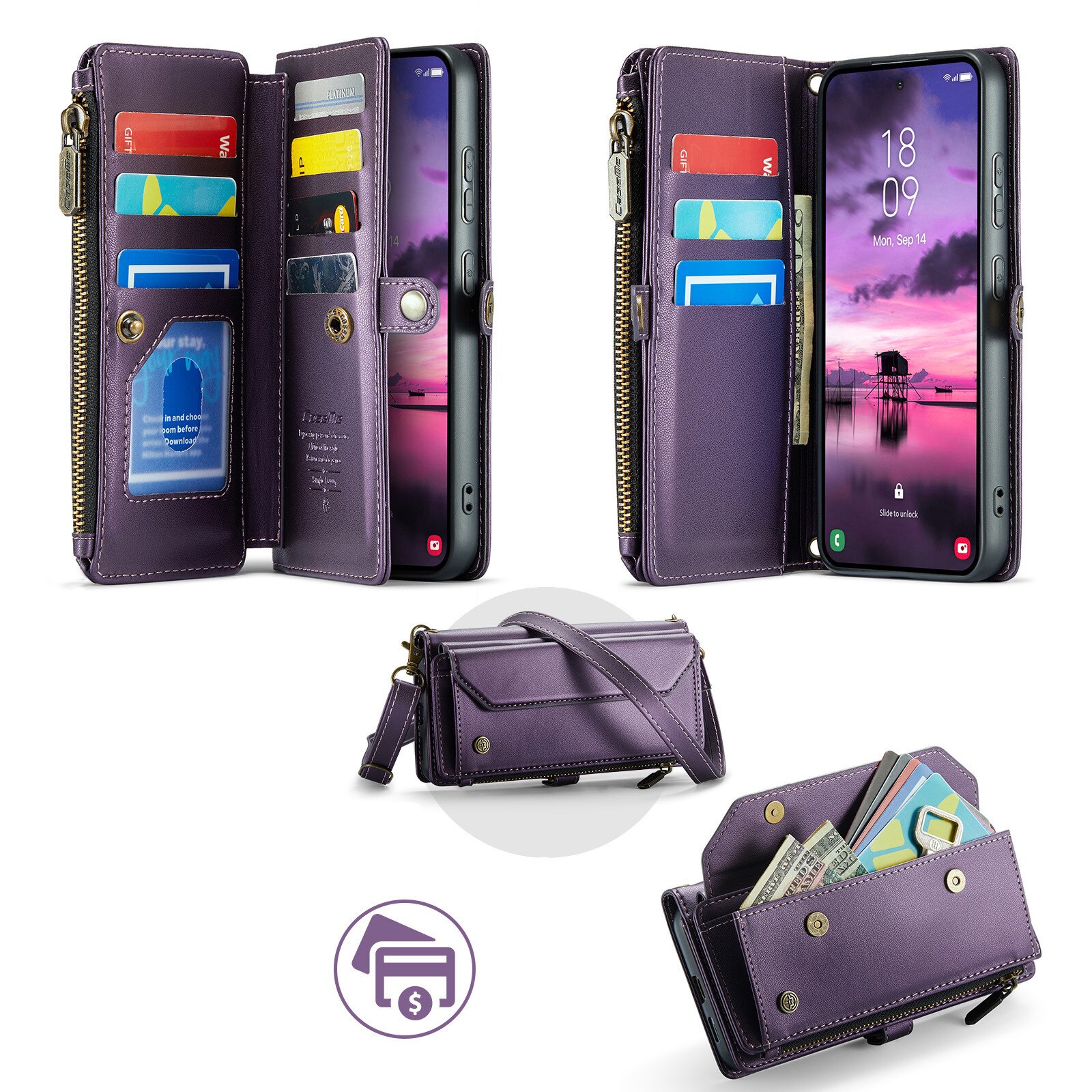 Etui pentru telefon, CaseMe, Samsung Galaxy S26 Ultra, piele ecologica, RFID, violet, cu suport si curea