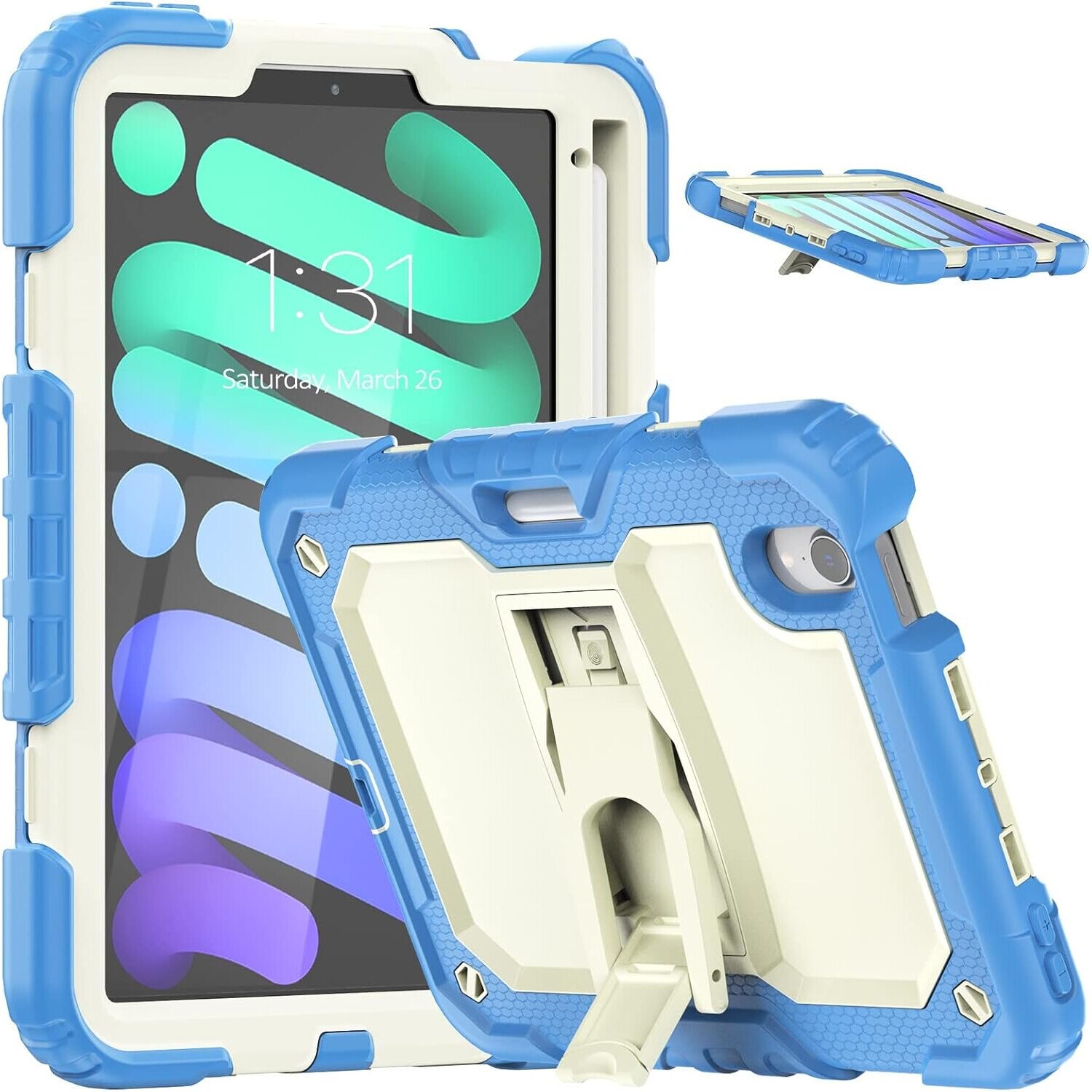 Husa iPad Mini 6 8,3", cu suport si curea de umar, Albastra