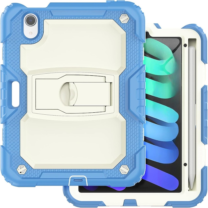 Husa iPad Mini 6 8,3", cu suport si curea de umar, Albastra