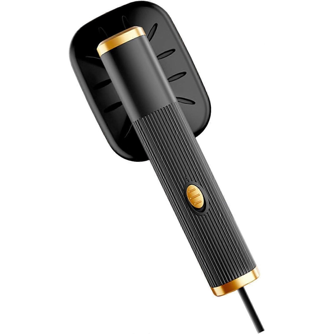 Fier de calcat portabil rotativ E30-A173-e-11243-CJ, maner reglabil 360°, pentru toate tipurile de materiale, compact pentru calatorii, negru/auriu
