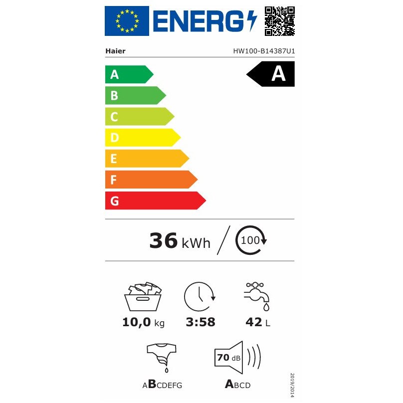 Masina de spalat rufe Haier HW100-B14387U1-S, 10 kg, 1400 rpm, clasa A-30%, motor Direct Motion, Ultra Fresh Air, WiFi/ hOn app, ABT, Refresh, alba