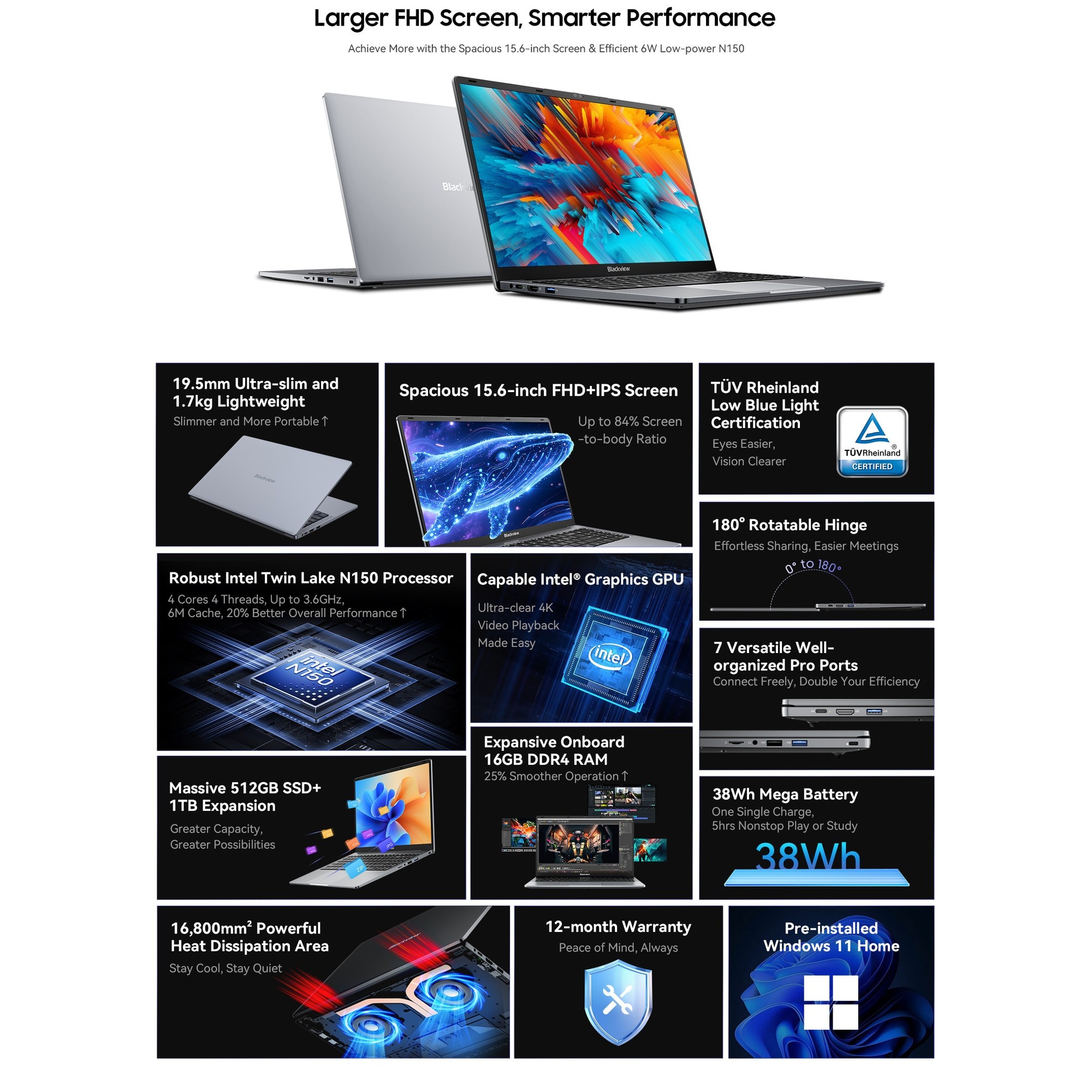 Laptop Blackview Acebook 6, 16GB DDR4 512GB SSD, Intel N150 3.6GHz/ Intel UHD Graphics, Win11 Home, 38Wh, 15.6" FHD+, HDMI 2.0, Bluetooth 5.0, USB 3.0, WLAN 5G, Gri