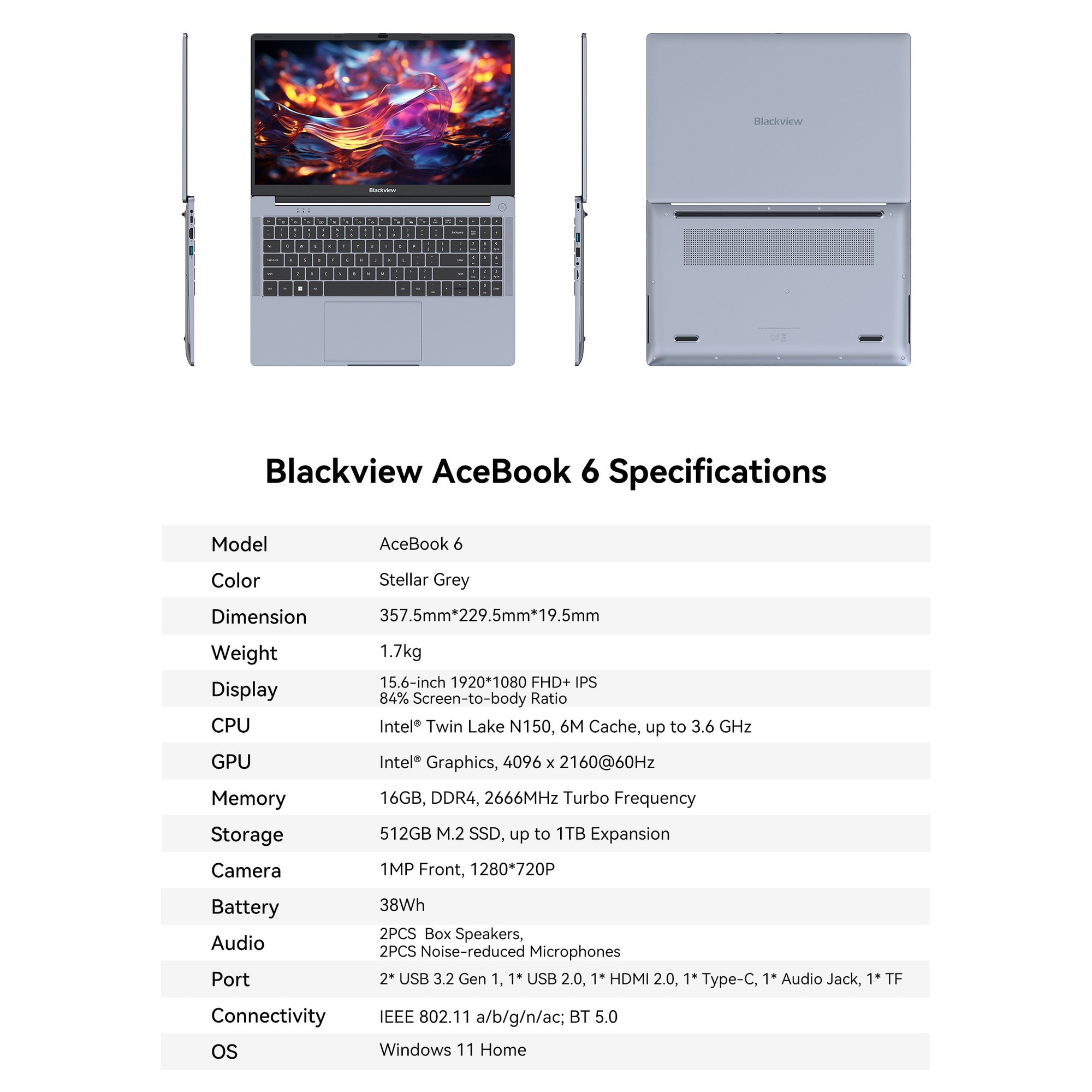 Laptop Blackview Acebook 6, 16GB DDR4 512GB SSD, Intel N150 3.6GHz/ Intel UHD Graphics, Win11 Home, 38Wh, 15.6" FHD+, HDMI 2.0, Bluetooth 5.0, USB 3.0, WLAN 5G, Gri