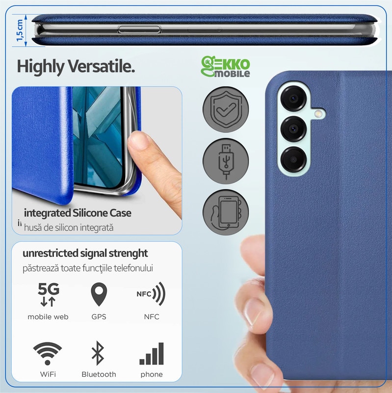 Husa pentru Samsung Galaxy A16 (A166), tip carte, inchidere Magnetica, buzunar Card, Functie Stand, Piele-Eco cu interior Microfibra, Flip Open, Blue