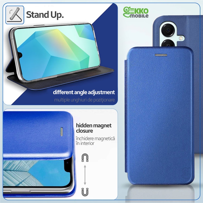 Husa pentru Samsung Galaxy A16 (A166), tip carte, inchidere Magnetica, buzunar Card, Functie Stand, Piele-Eco cu interior Microfibra, Flip Open, Blue