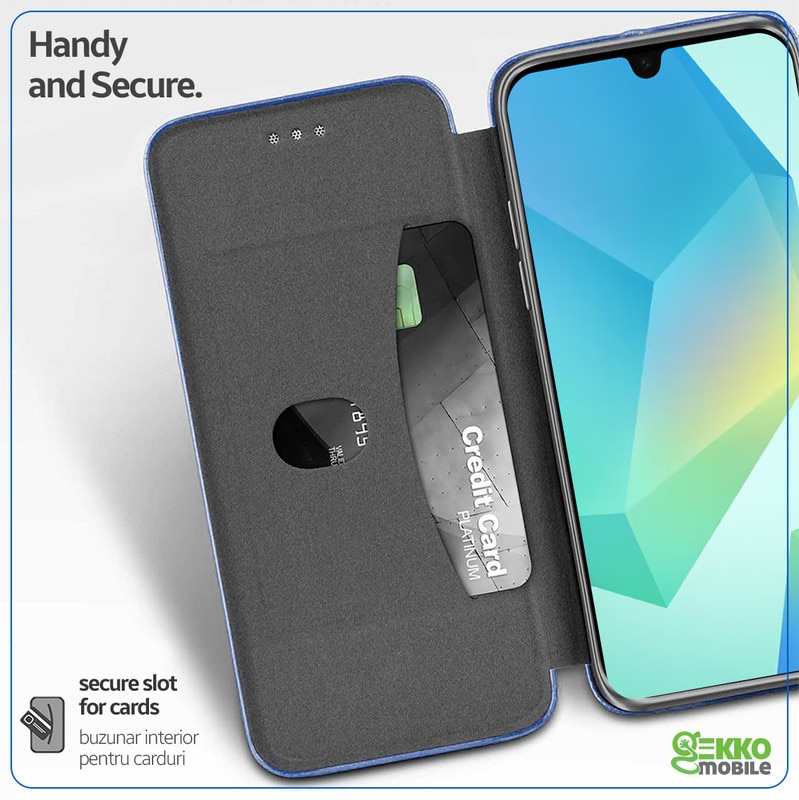 Husa pentru Samsung Galaxy A16 (A166), tip carte, inchidere Magnetica, buzunar Card, Functie Stand, Piele-Eco cu interior Microfibra, Flip Open, Blue