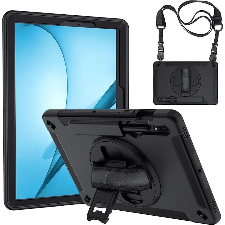 Husa pentru Samsung Galaxy Tab S7 FE K0345-0808-KFCJ-xw212, rezistenta, cu suport rotativ, maner si curea de umar, negru