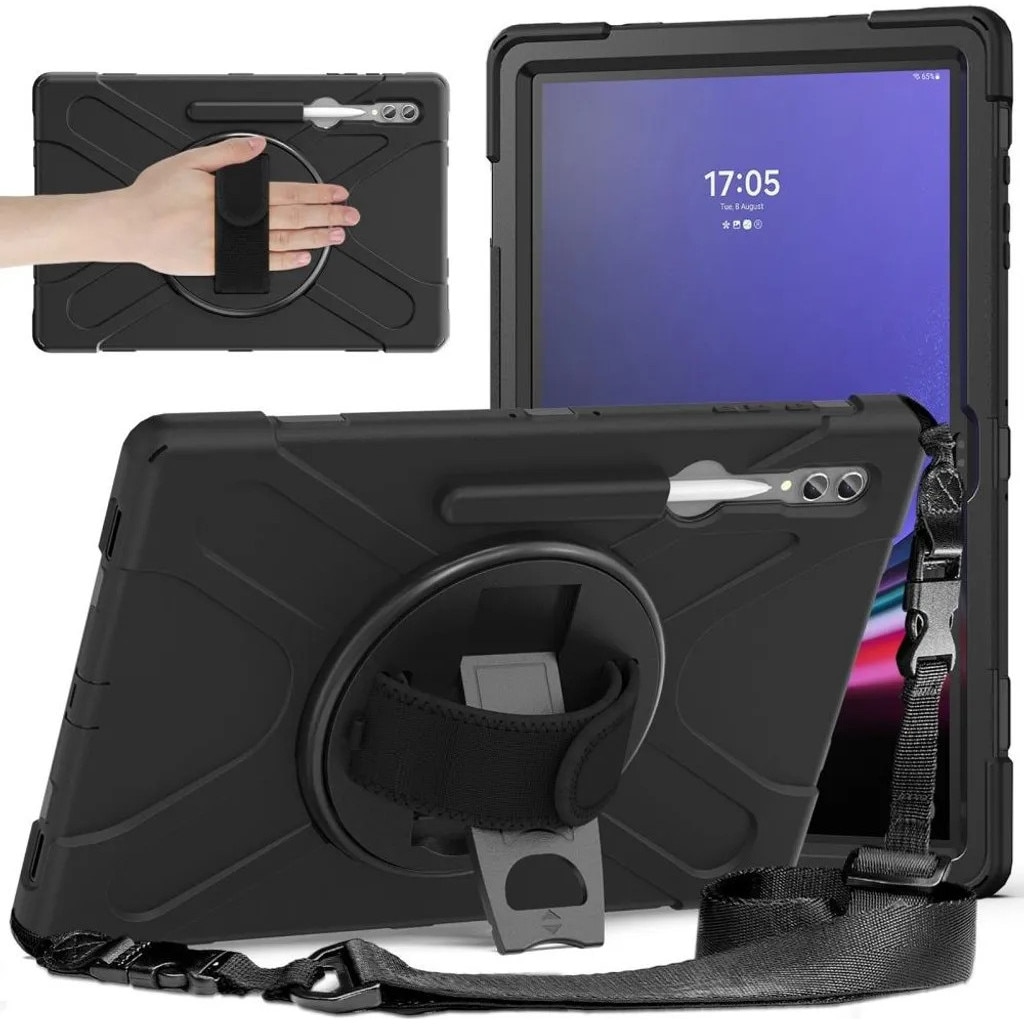 Husa heavy duty pentru Samsung Galaxy Tab S10 Ultra / S9 Ultra / S8 Ultra, suport rotativ 360°, curea de umar reglabila si maner, negru, K0345-0808-KFCJ-xw285