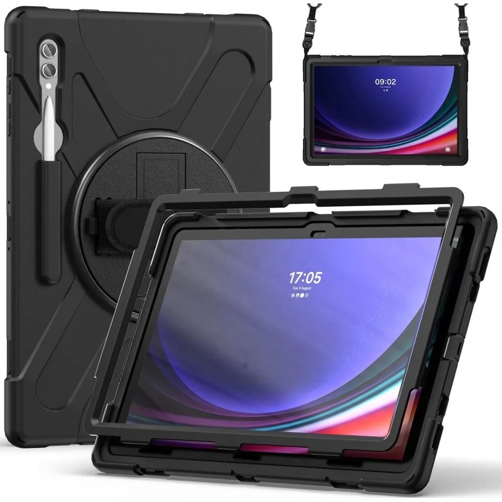 Husa heavy duty pentru Samsung Galaxy Tab S10 Ultra / S9 Ultra / S8 Ultra, suport rotativ 360°, curea de umar reglabila si maner, negru, K0345-0808-KFCJ-xw285