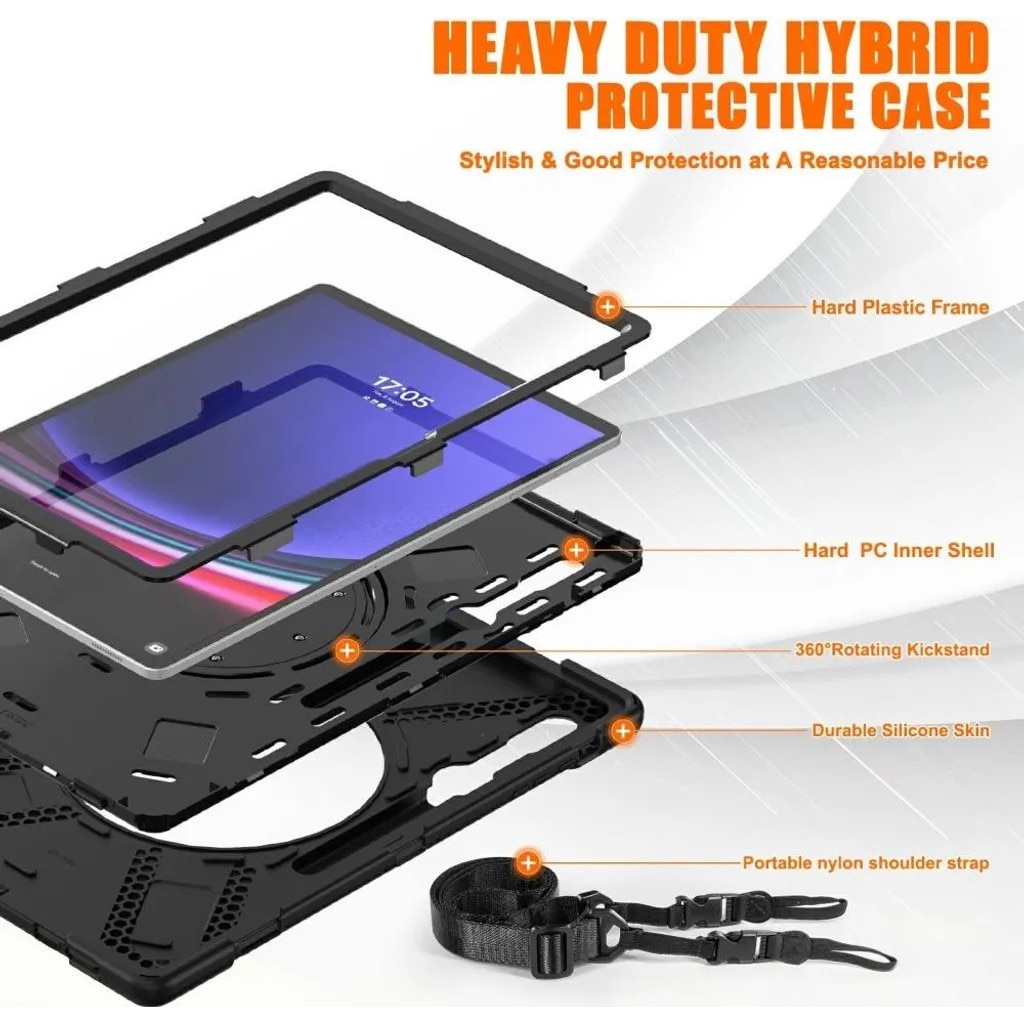 Husa heavy duty pentru Samsung Galaxy Tab S10 Ultra / S9 Ultra / S8 Ultra, suport rotativ 360°, curea de umar reglabila si maner, negru, K0345-0808-KFCJ-xw285