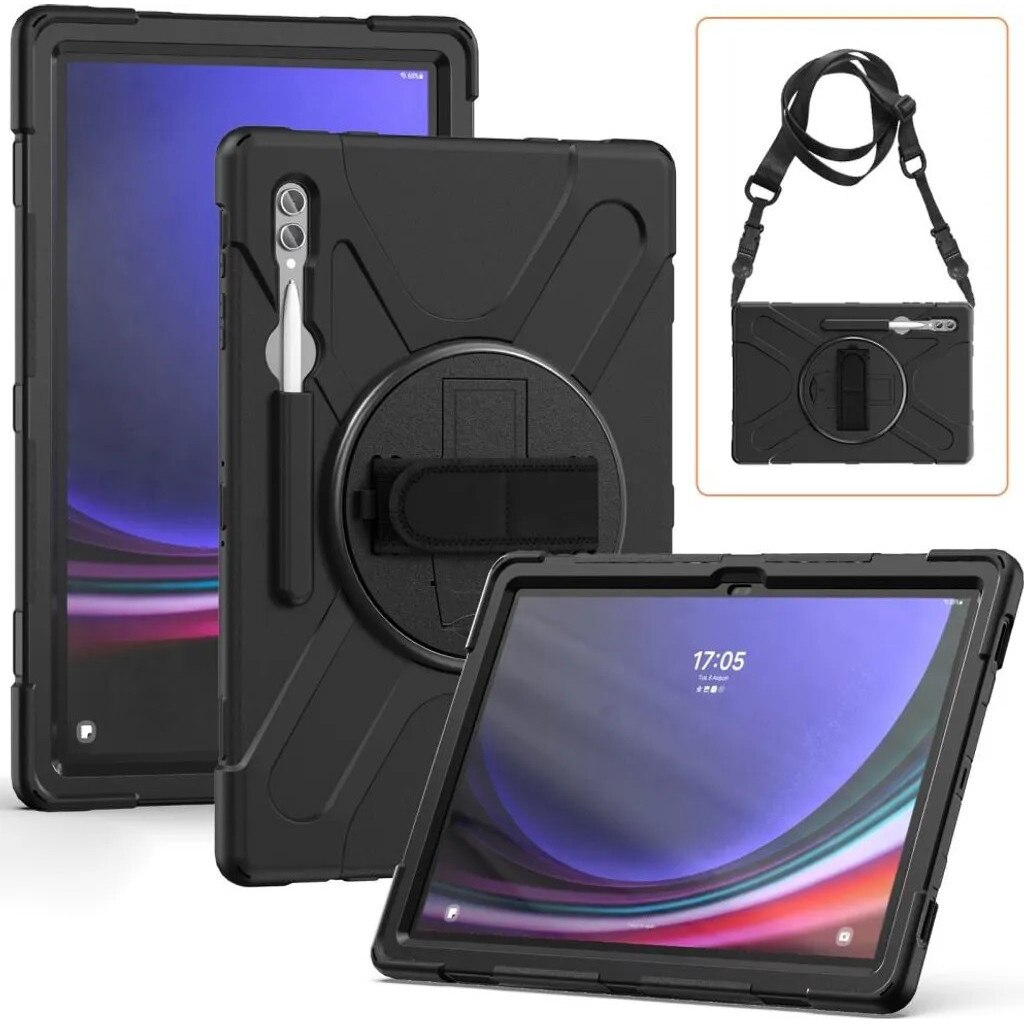 Husa heavy duty pentru Samsung Galaxy Tab S10 Ultra / S9 Ultra / S8 Ultra, suport rotativ 360°, curea de umar reglabila si maner, negru, K0345-0808-KFCJ-xw285
