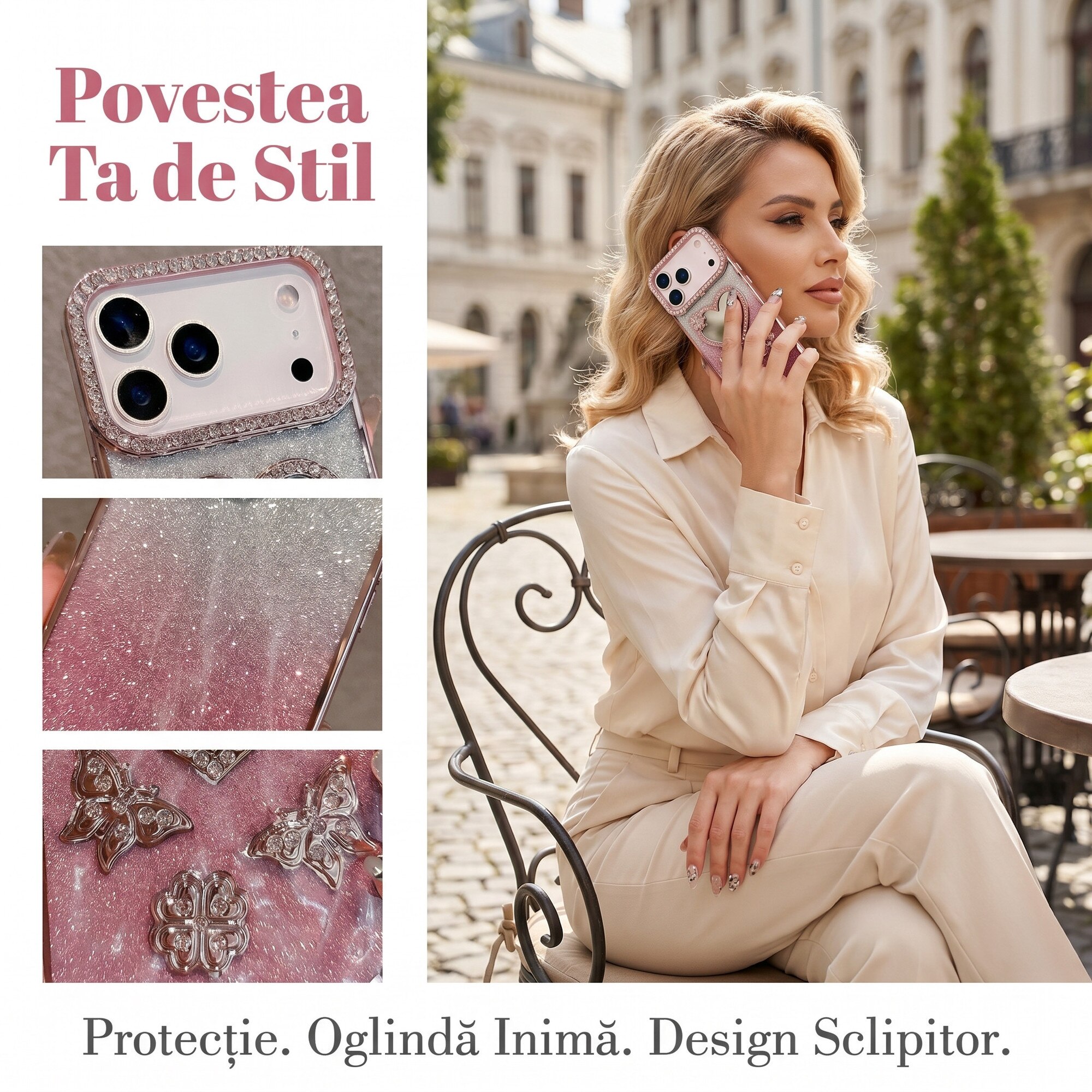 Husa pentru iPhone 17 Pro Max, Roz, Cu Oglinda si Fluturi Strasuri, Luxos Antisoc, Top Favorite，LIXR-03EN®
