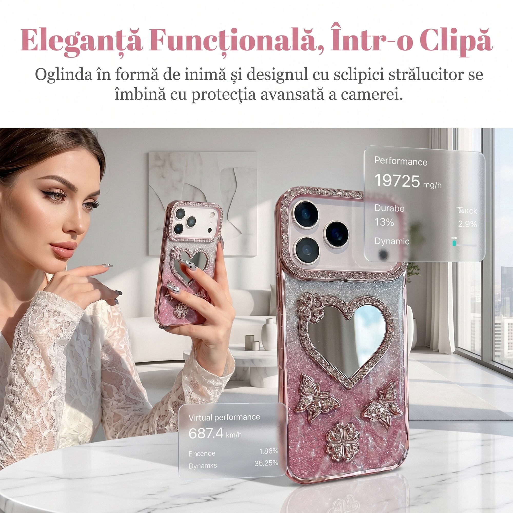 Husa pentru iPhone 17 Pro Max, Roz, Cu Oglinda si Fluturi Strasuri, Luxos Antisoc, Top Favorite，LIXR-03EN®
