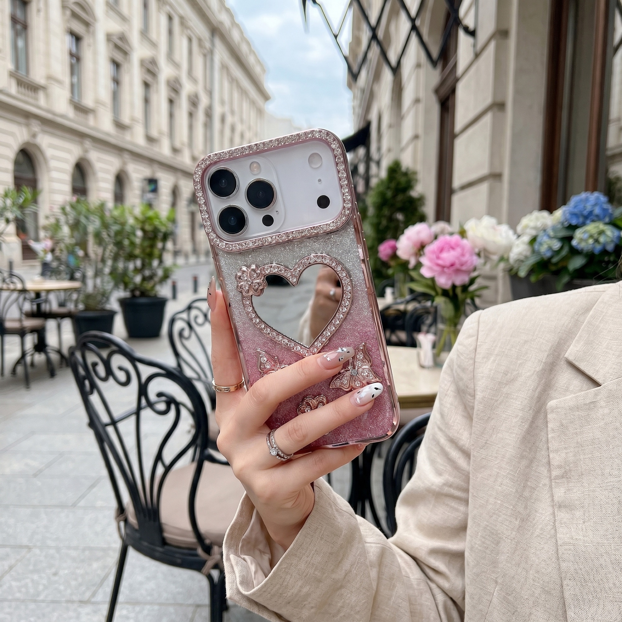 Husa pentru iPhone 17 Pro Max, Roz, Cu Oglinda si Fluturi Strasuri, Luxos Antisoc, Top Favorite，LIXR-03EN®
