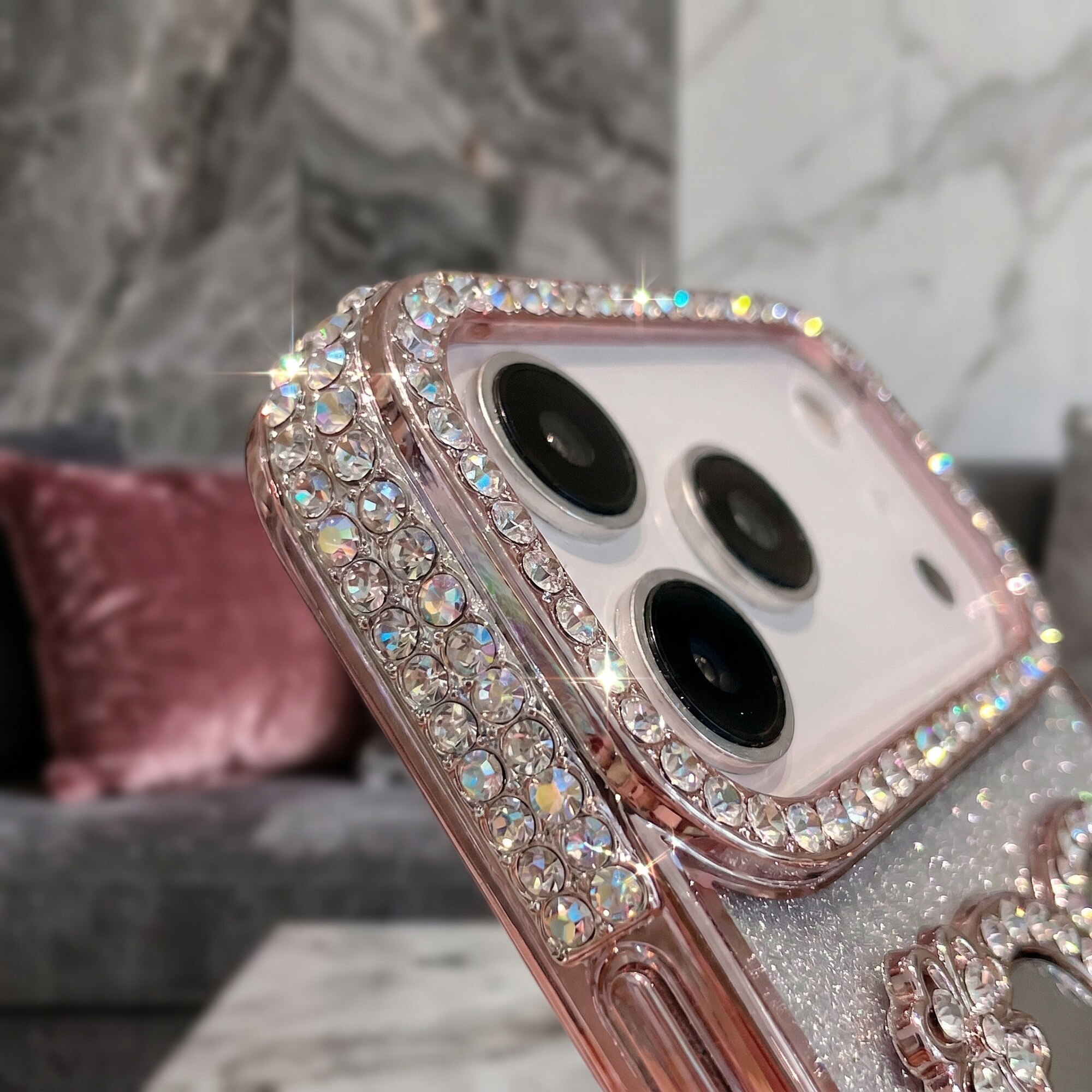 Husa pentru iPhone 17 Pro Max, Roz, Cu Oglinda si Fluturi Strasuri, Luxos Antisoc, Top Favorite，LIXR-03EN®