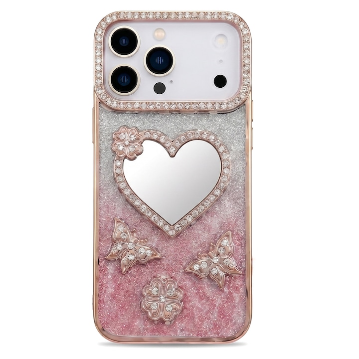 Husa pentru iPhone 17 Pro Max, Roz, Cu Oglinda si Fluturi Strasuri, Luxos Antisoc, Top Favorite，LIXR-03EN®
