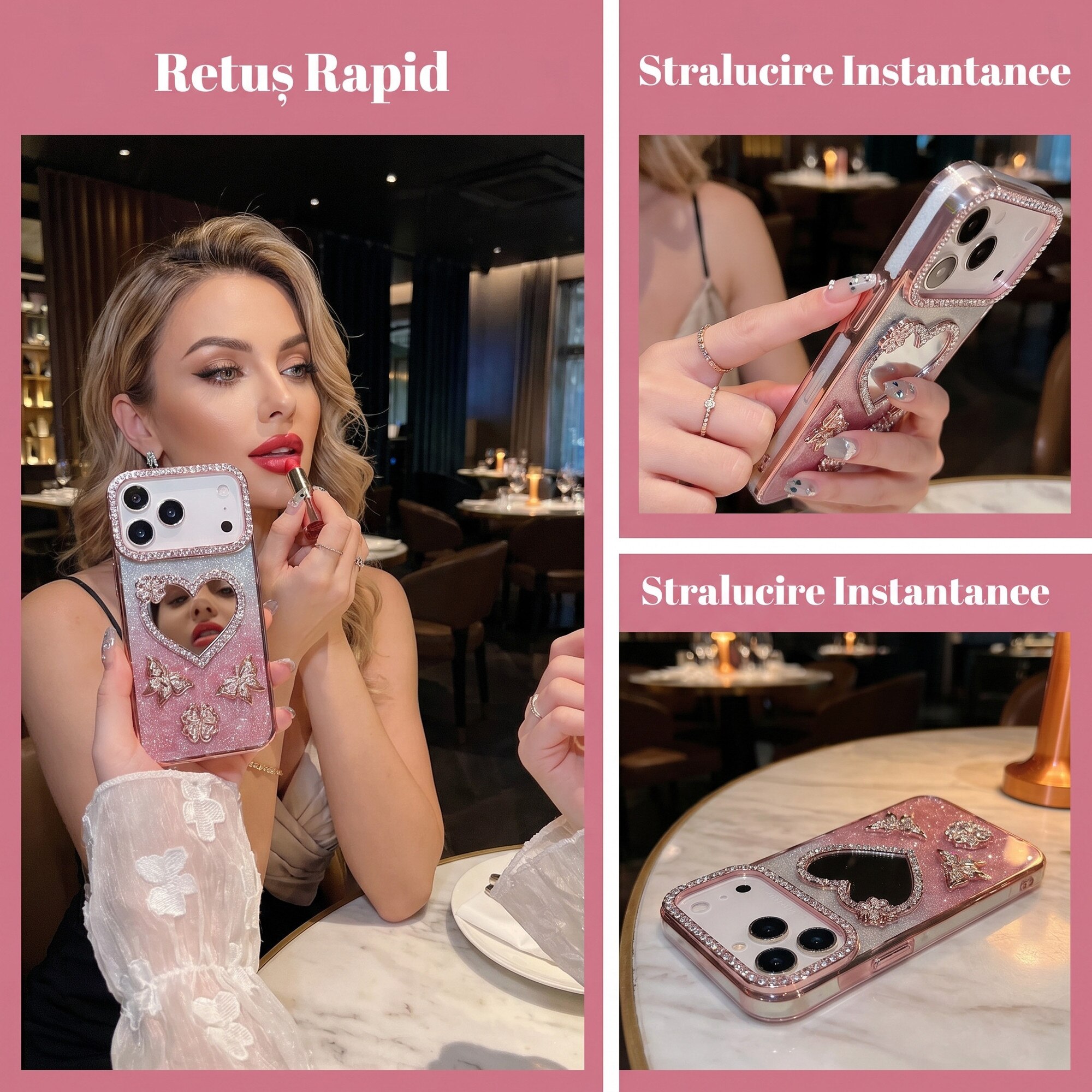 Husa pentru iPhone 17 Pro Max, Roz, Cu Oglinda si Fluturi Strasuri, Luxos Antisoc, Top Favorite，LIXR-03EN®