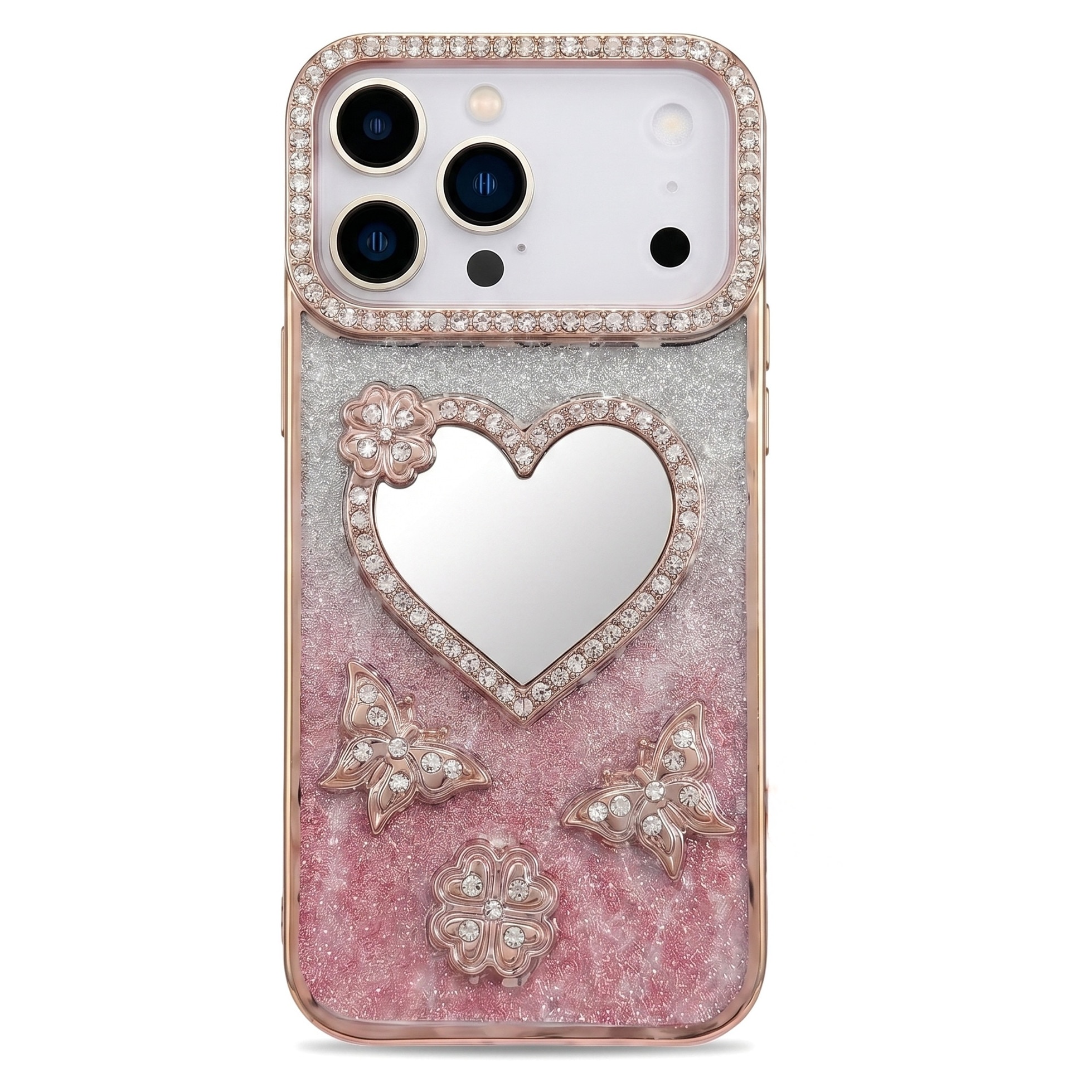 Husa pentru iPhone 17 Pro Max, Roz, Cu Oglinda si Fluturi Strasuri, Luxos Antisoc, Top Favorite，LIXR-03EN®