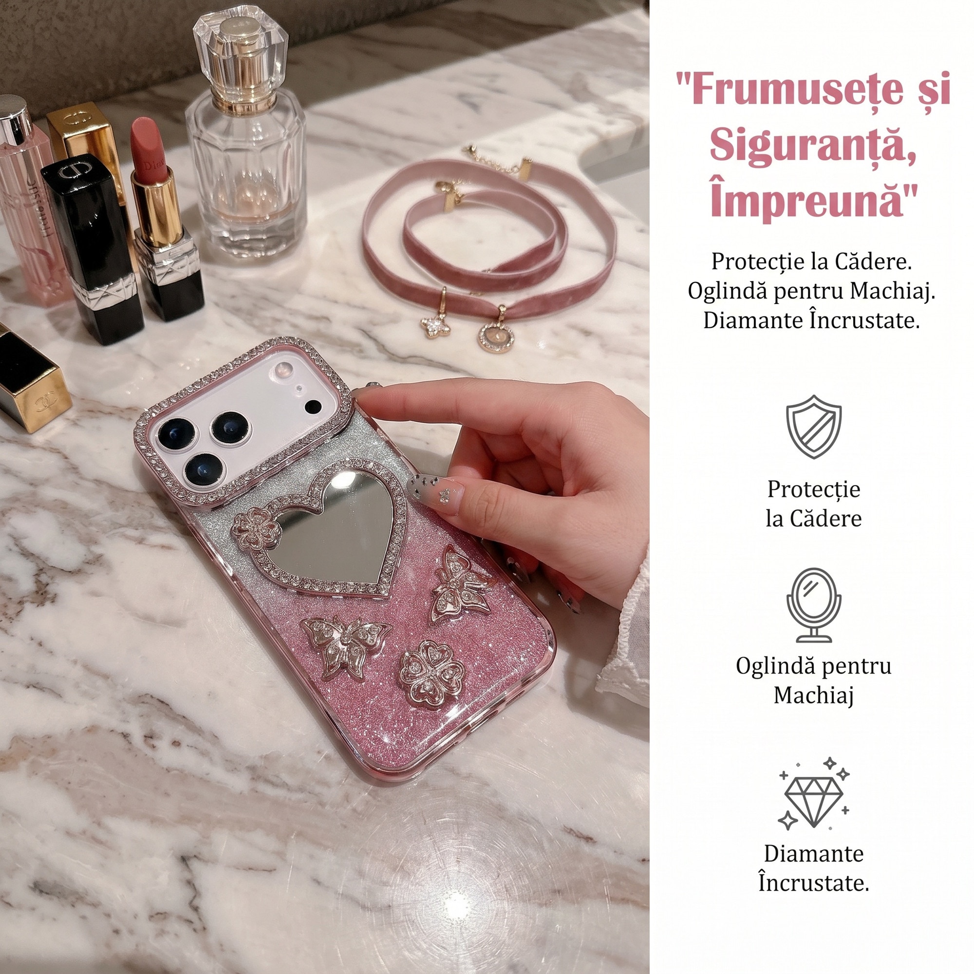 Husa pentru iPhone 17 Pro Max, Roz, Cu Oglinda si Fluturi Strasuri, Luxos Antisoc, Top Favorite，LIXR-03EN®