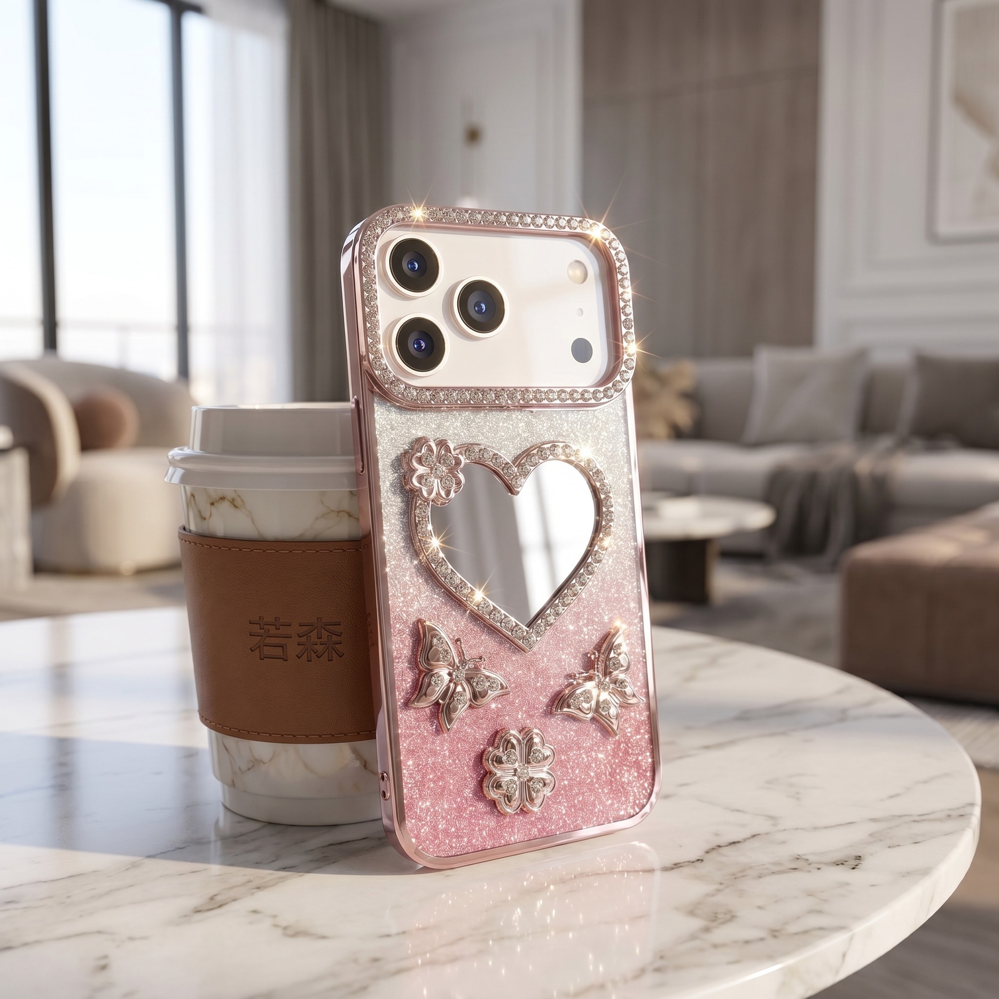 Husa pentru iPhone 17 Pro Max, Roz, Cu Oglinda si Fluturi Strasuri, Luxos Antisoc, Top Favorite，LIXR-03EN®