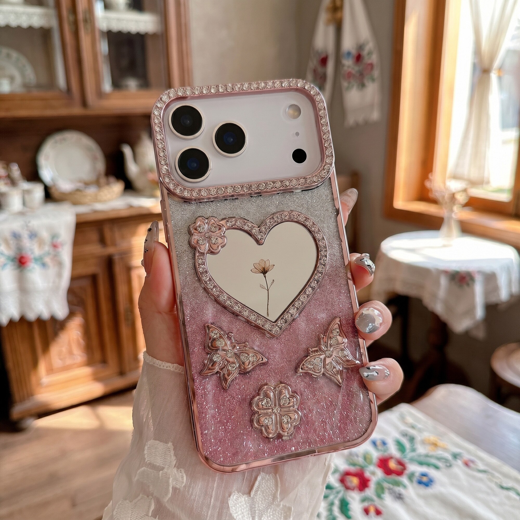 Husa pentru iPhone 17 Pro Max, Roz, Cu Oglinda si Fluturi Strasuri, Luxos Antisoc, Top Favorite，LIXR-03EN®