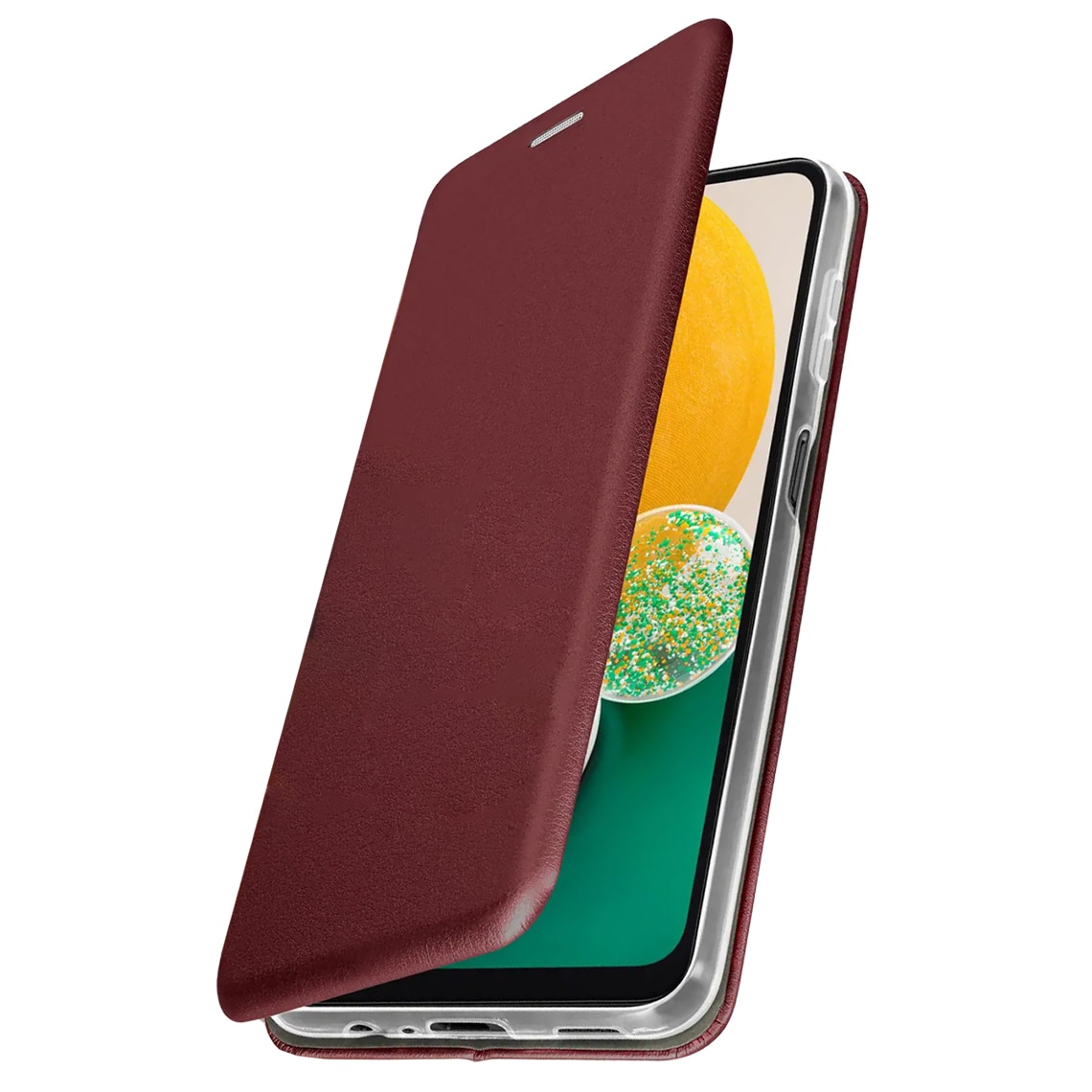 Husa FlipOpen pentru Samsung Galaxy A13 LTE, 4G, tip carte, din piele-eco, cu inchidere magnetica, buzunar card si functie Stand, Bordo