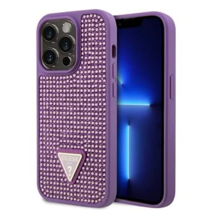 Husa de protectie Cover Guess Rhinestones Triangle Metal Logo pentru iPhone 15 Pro, Purple
