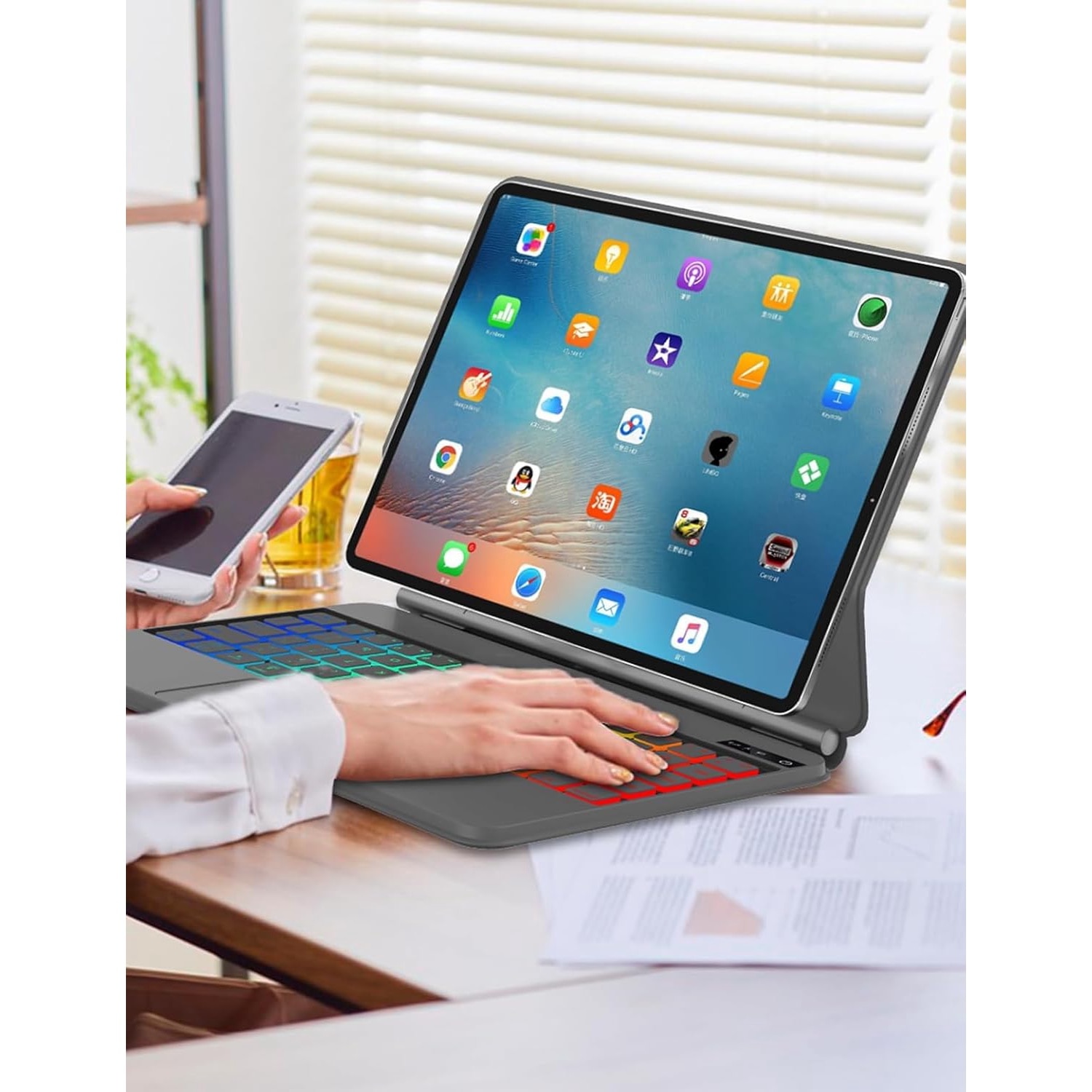 Husa cu Tastatura Germana QWERTZ, magnetica, pentru iPad Air 11 2024, iPad Pro 11 4th si 3rd Gen, SENGBIRCH, Gri