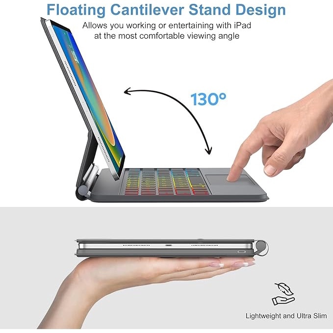 Husa cu Tastatura Germana QWERTZ, magnetica, pentru iPad Air 11 2024, iPad Pro 11 4th si 3rd Gen, SENGBIRCH, Gri