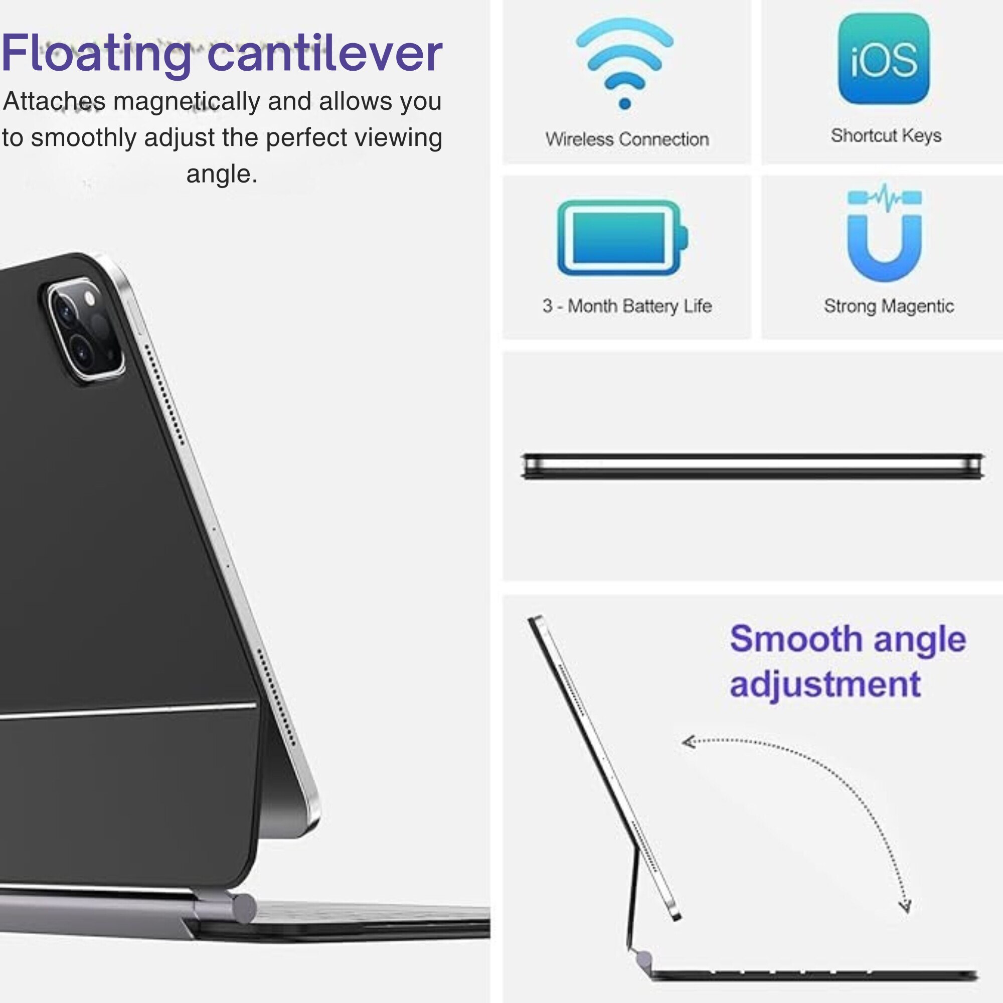 Husa cu Tastatura Germana QWERTZ, magnetica, pentru iPad Air 11 2024, iPad Pro 11 4th si 3rd Gen, SENGBIRCH, Gri