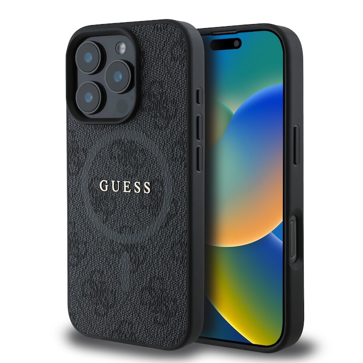 Husa de protectie Guess Leather 4G Colored Ring MagSafe pentru iPhone 16 Pro Max, Negru