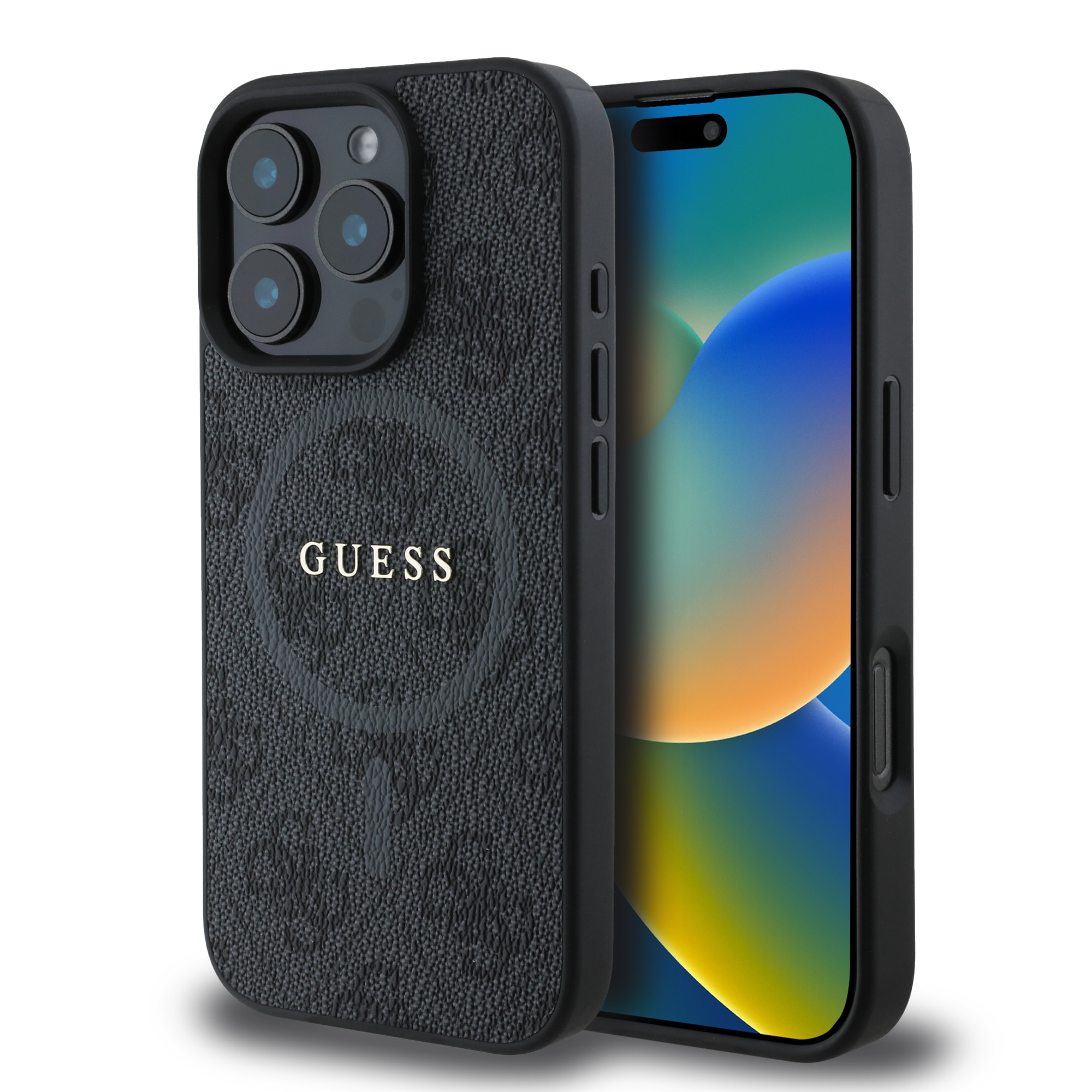 Husa de protectie Guess Leather 4G Colored Ring MagSafe pentru iPhone 16 Pro Max, Negru