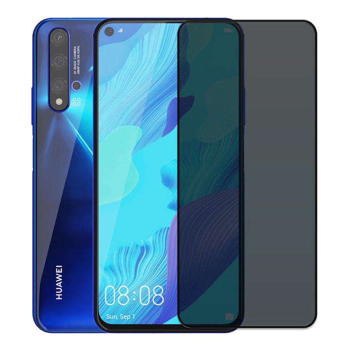 Folie din sticla securizata pentru Huawei Nova 5T, HAMSTERBOX Privacy Shield, Protectie completa ecran, Full face, Aplicare rapida, Case Friendly, Negru