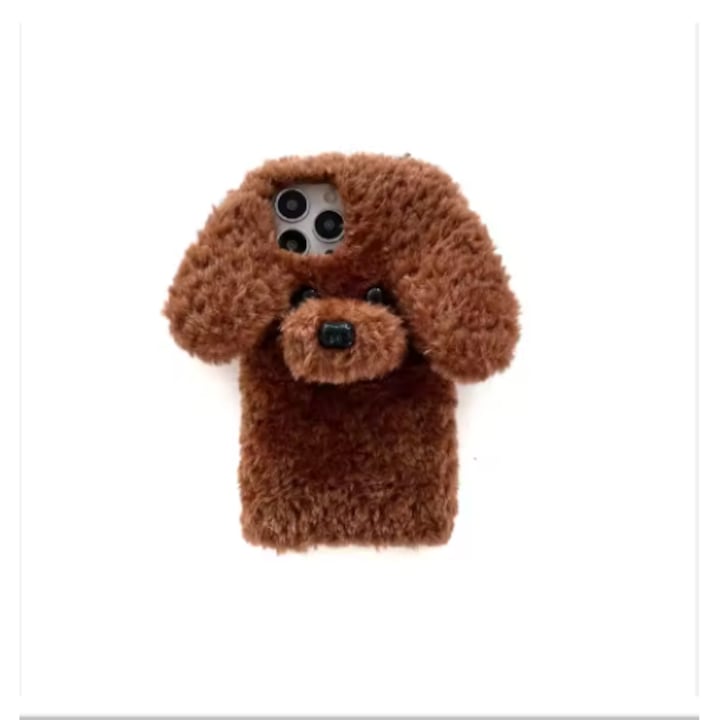 Husa de protectie pentru iPhone 15 Teddy Pup – Pufos, Moale & Super Dragalas, culoare :Maro chic