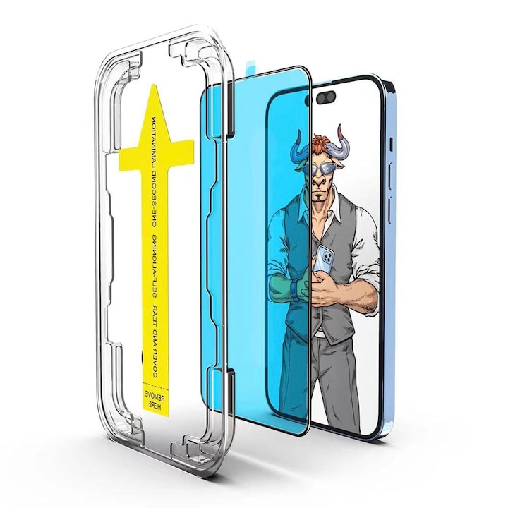 Set 2 folii protectie telefon, Sticla securizata, Pentru ecran Compatibil cu iPhone 14 Pro Max, Usor de instalat in 30 de secunde cu dispozitivul de potrivire automata, Transparent